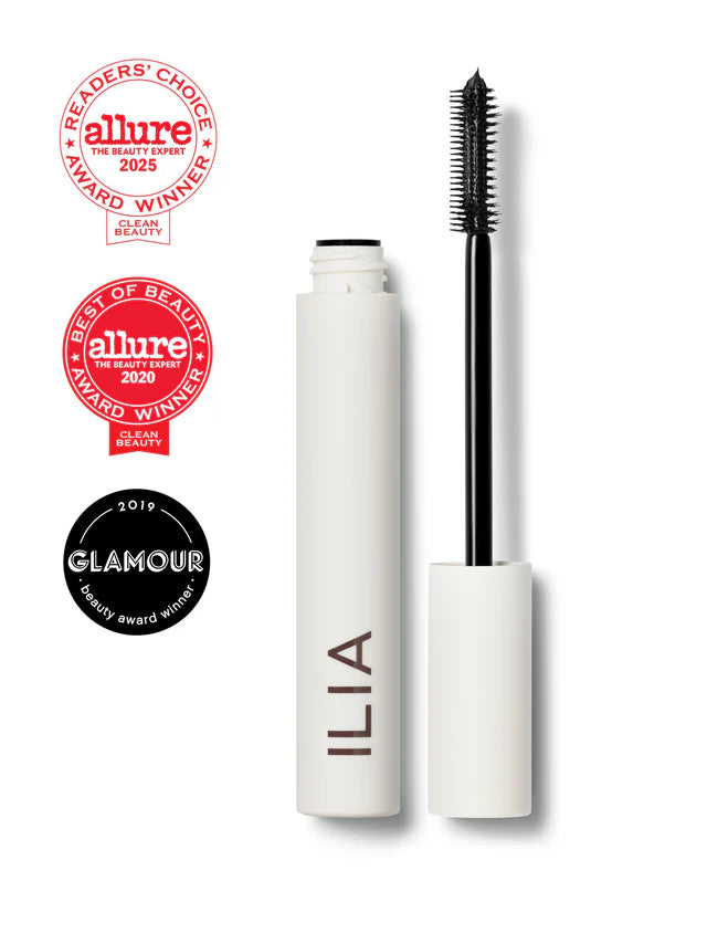 ILIA mascara with open cap on a white background