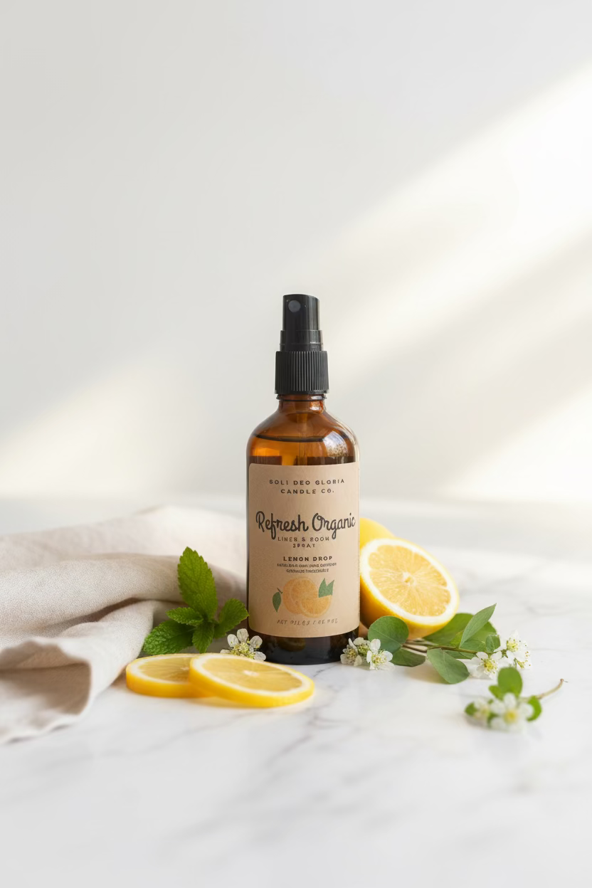 Bottle of 'Pure Fresh Organics' lemon spray with lemon slices and leaves on a light background