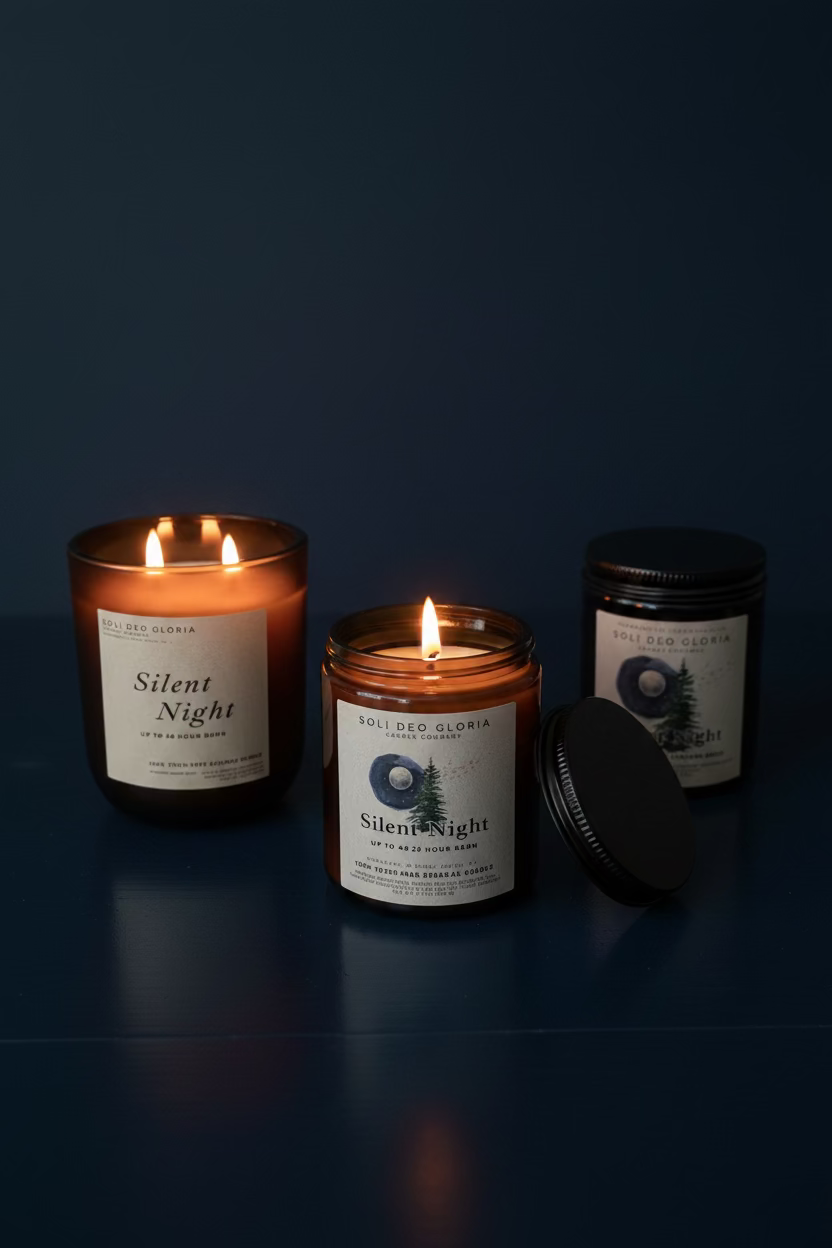 Three soy candles from Smoked Flowers in the 'Silent Night' scent, displayed on a dark blue surface against a matching dark blue background. One candle is lit with two flames on the left, one is lit with one flame in the center, and the lid and unlit candle are on the right.