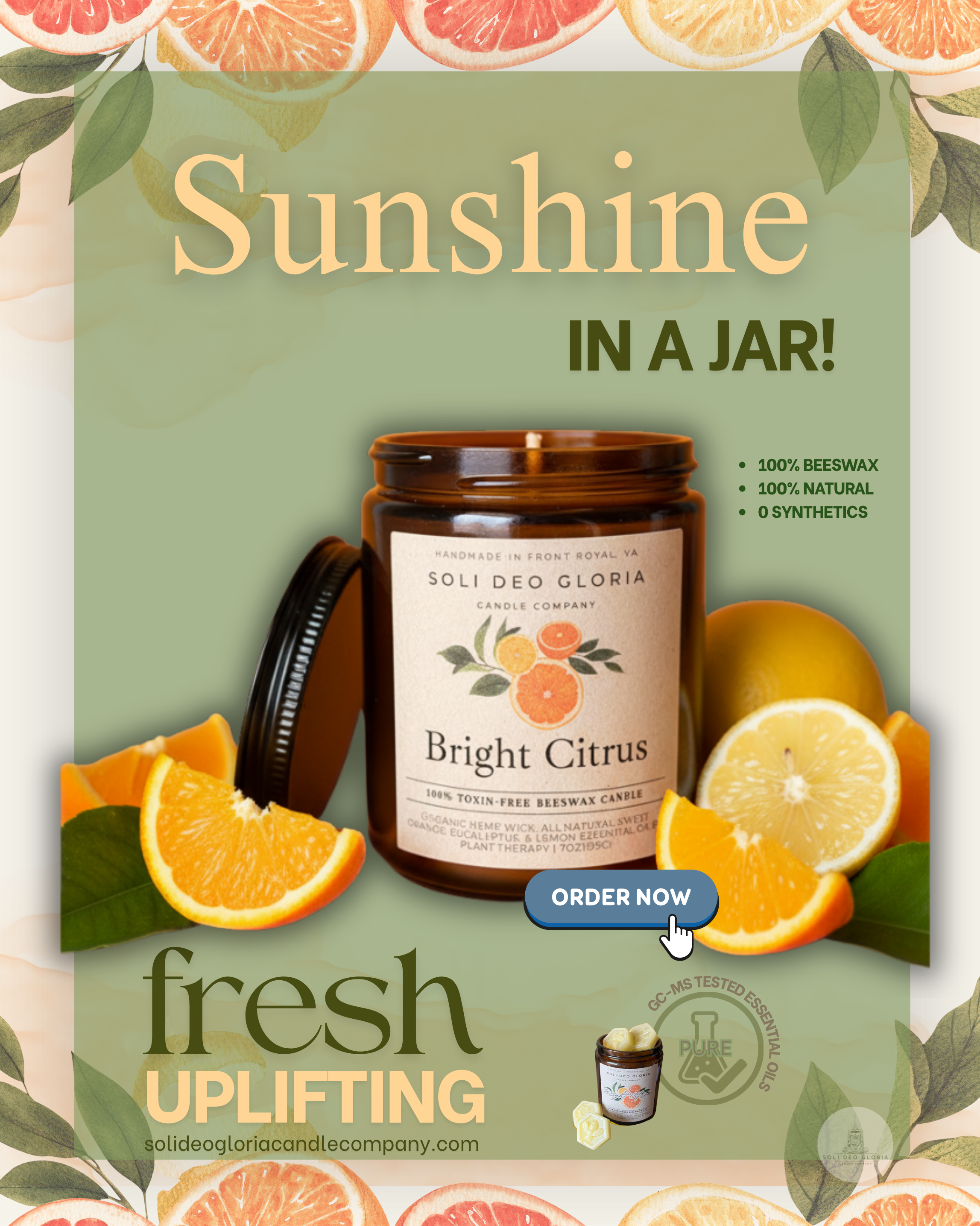 Soli Deo Gloria Candle Company Bright Citrus | Natural Beeswax Candle with Organic Essential Oils
