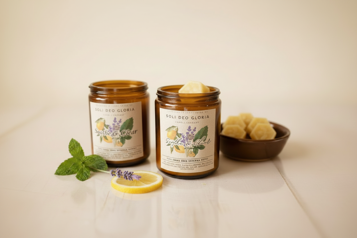 Two amber glass candles labeled Sole Deo Gloria are displayed on a light surface with botanical props, including a mint sprig, a lemon slice with lavender, and a small bowl of bath salts.