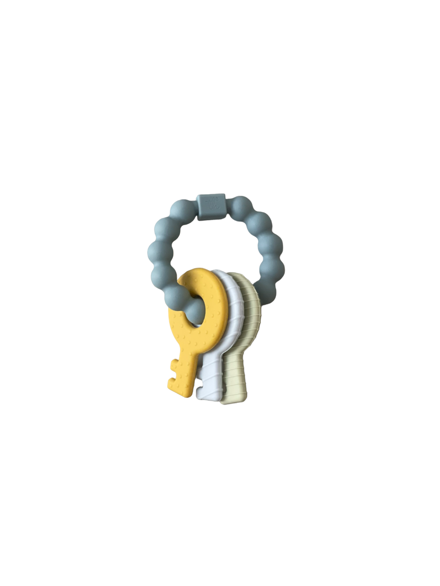 Teething ring with key-shaped silicone beads on a white background