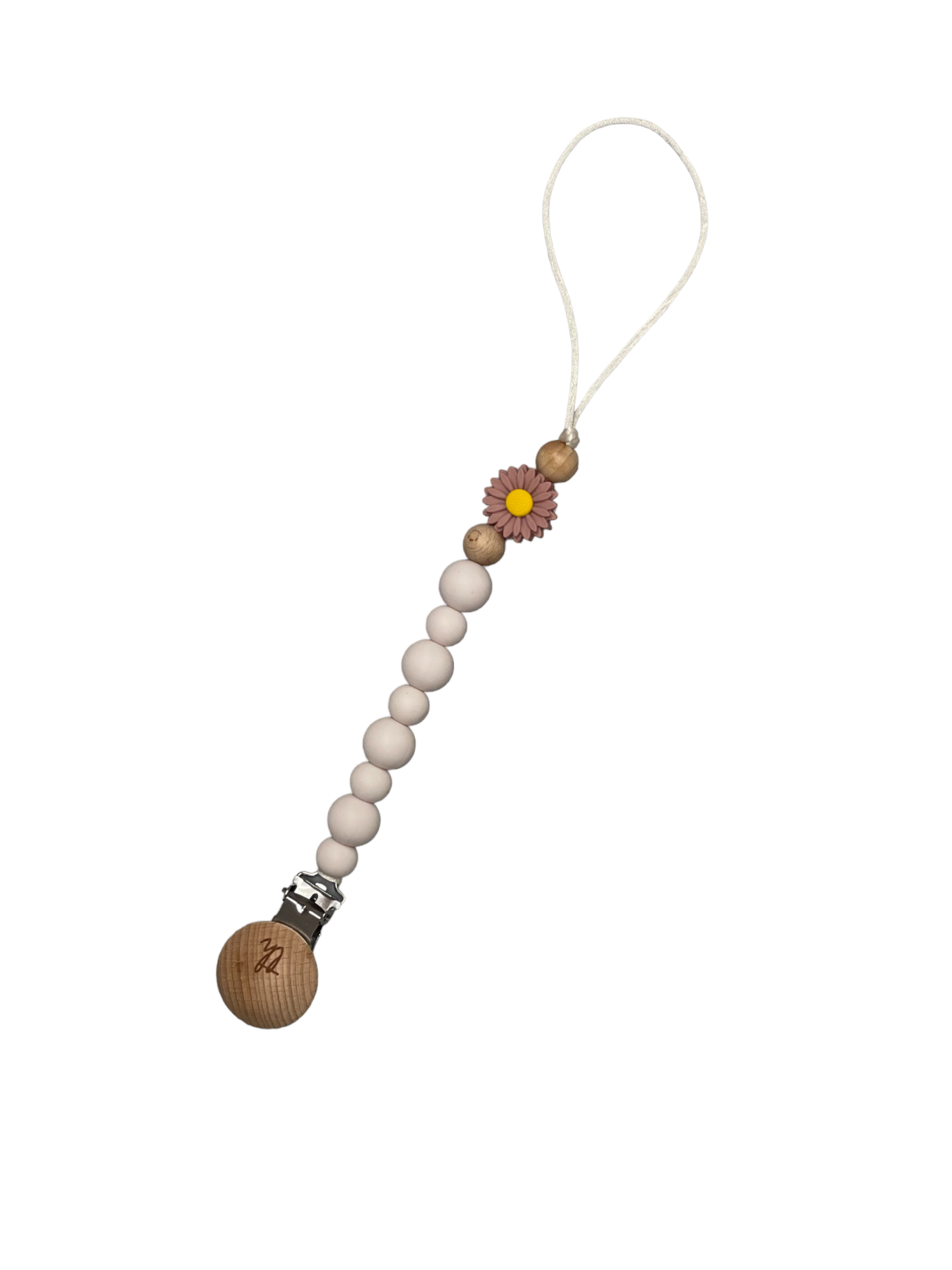 Beaded pacifier clip with a flower charm on a white background