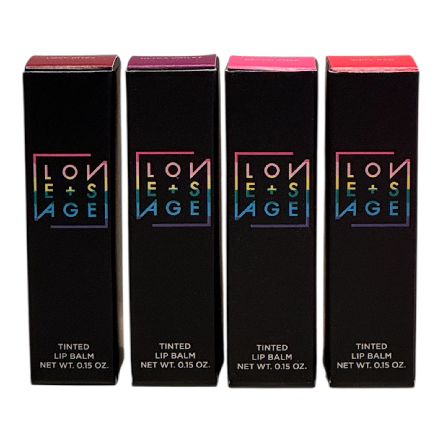Four boxes of LON E+C LAGE tinted lip balm on a white background