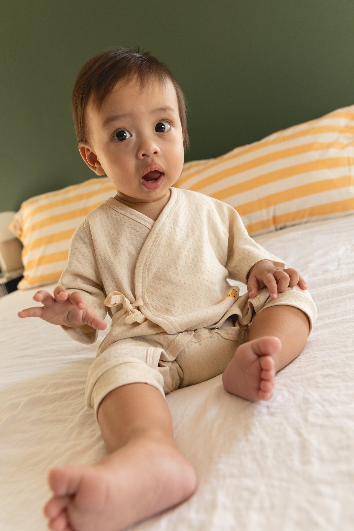 Dodo Banana ecru pointelle organic Pima cotton baby kimono onesie