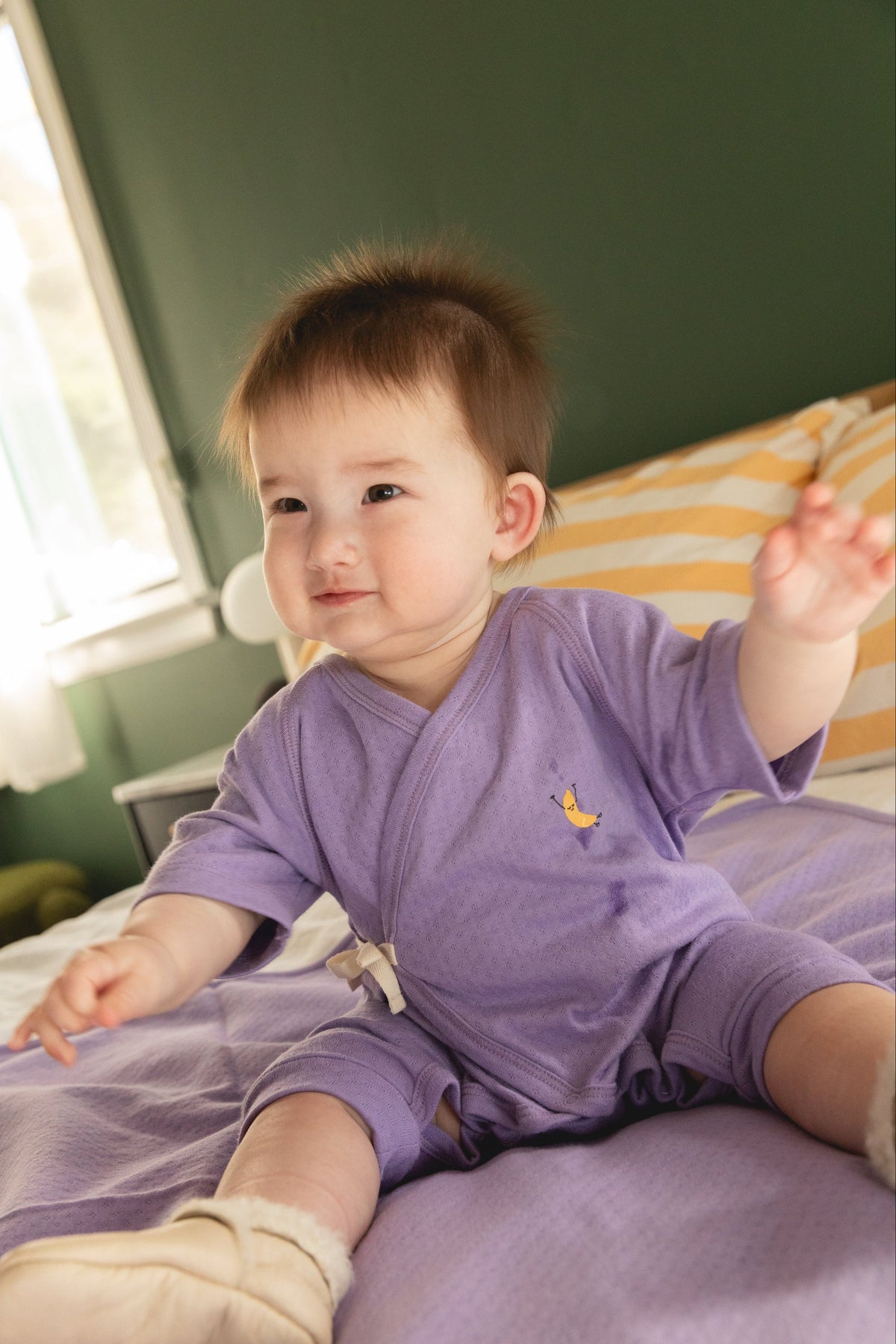 Dodo Banana lilac pointelle organic Pima cotton baby kimono onesie
