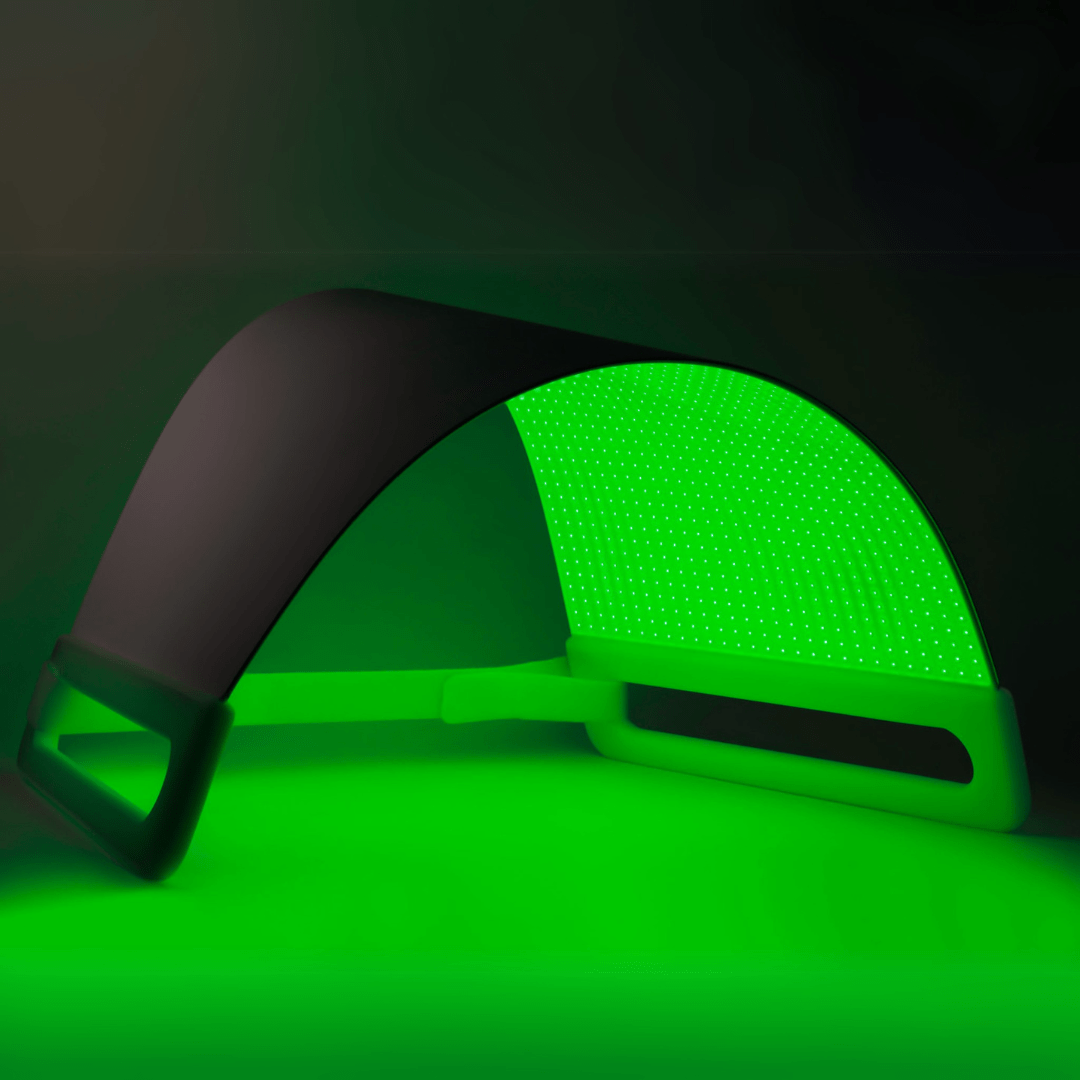Green LED light strip on a black background