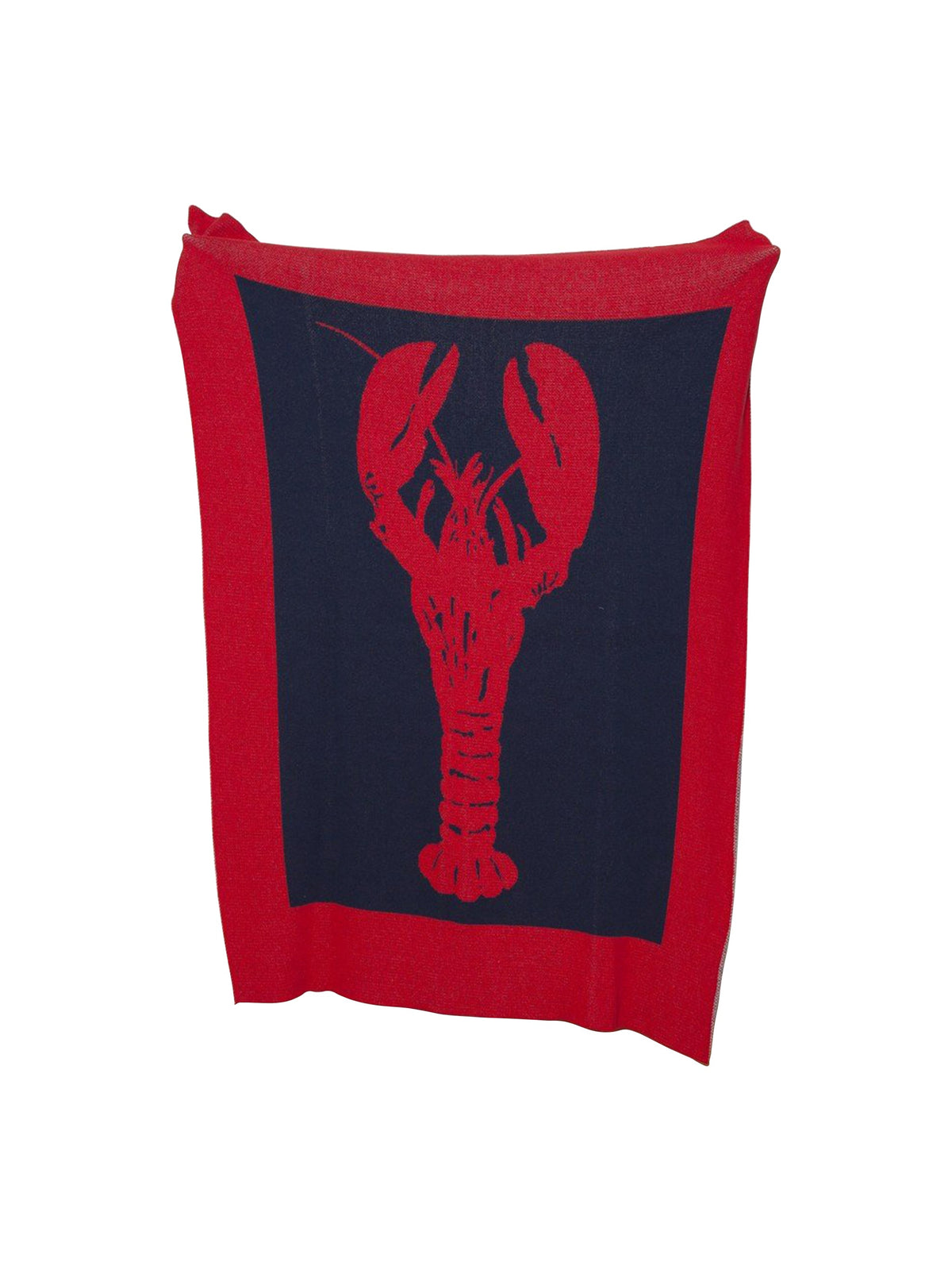 Red and navy blanket with a lobster design on a white background