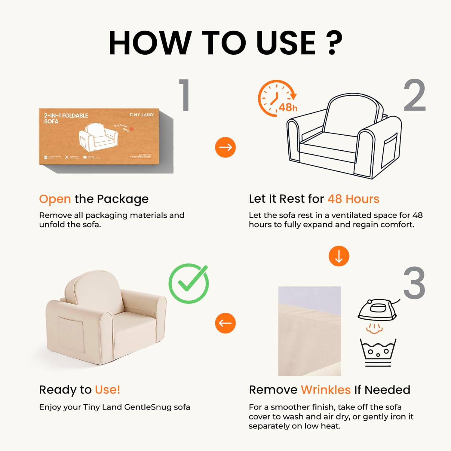 Step-by-step guide on how to use a sofa with images and text.