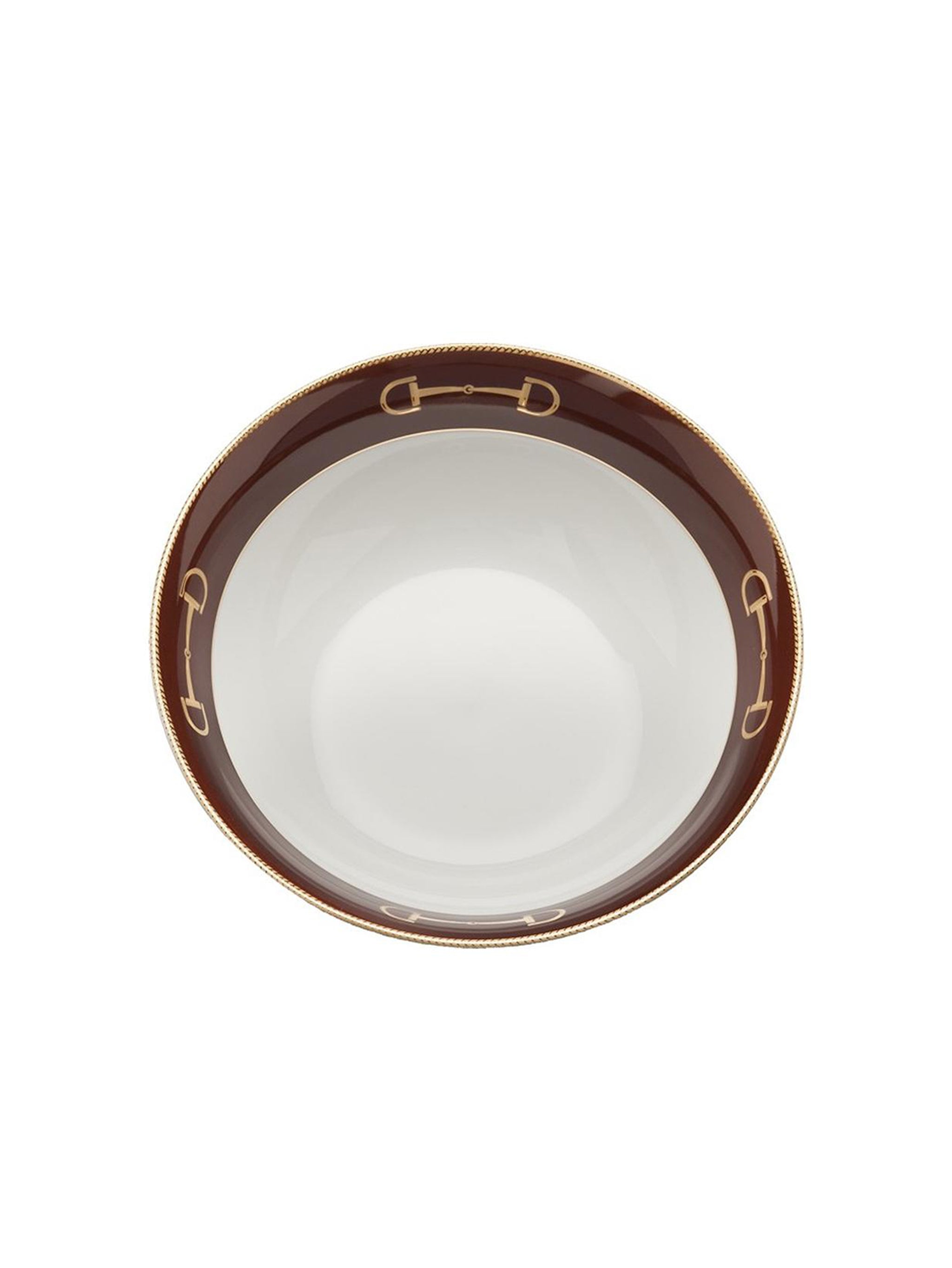 White bowl with a decorative brown rim featuring horsebit designs on a white background