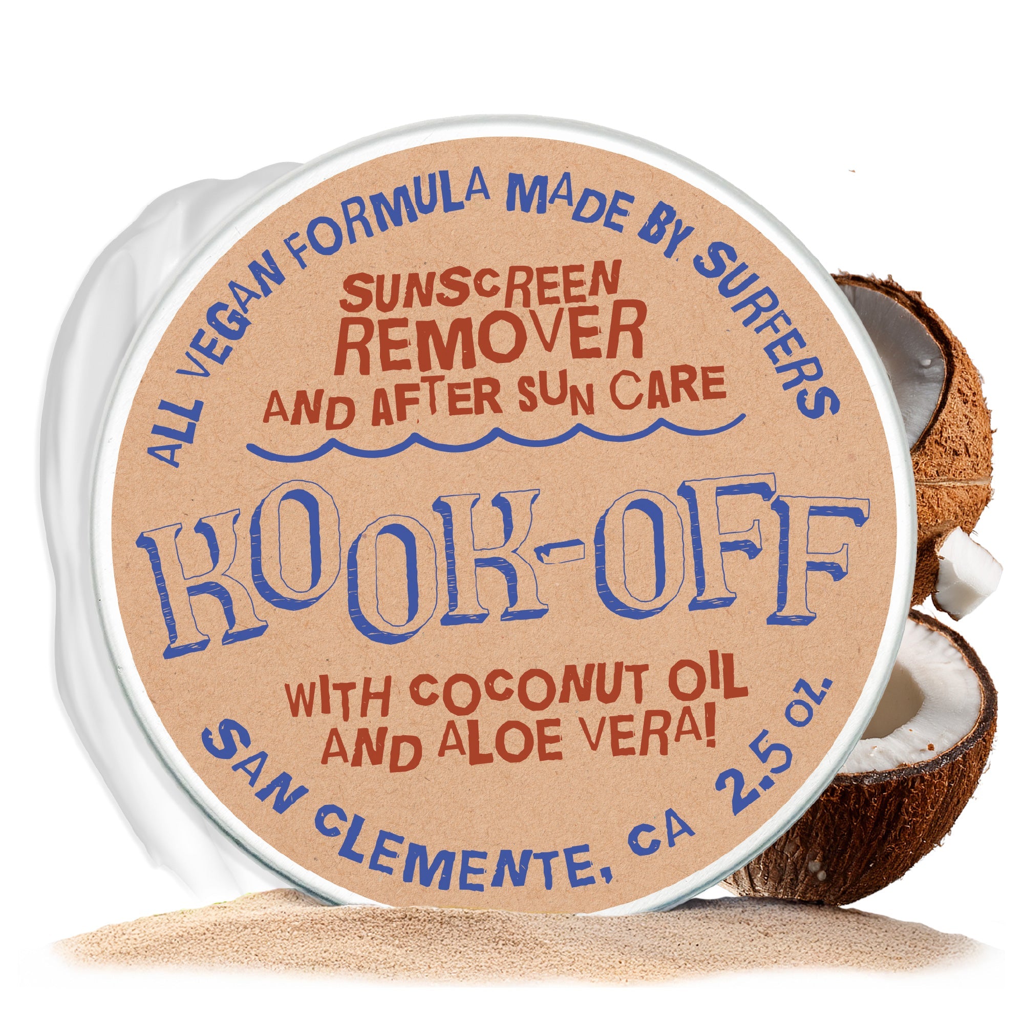 Sunscreen remover container with coconut and aloe vera on a white background