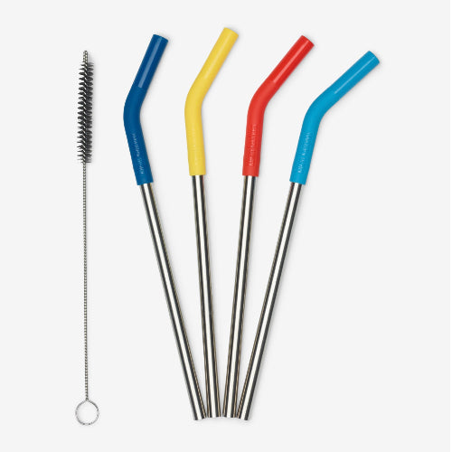 Four reusable metal straws with curved handles in blue, yellow, red, and light blue, shown on a light gray background alongside a small cleaning brush.