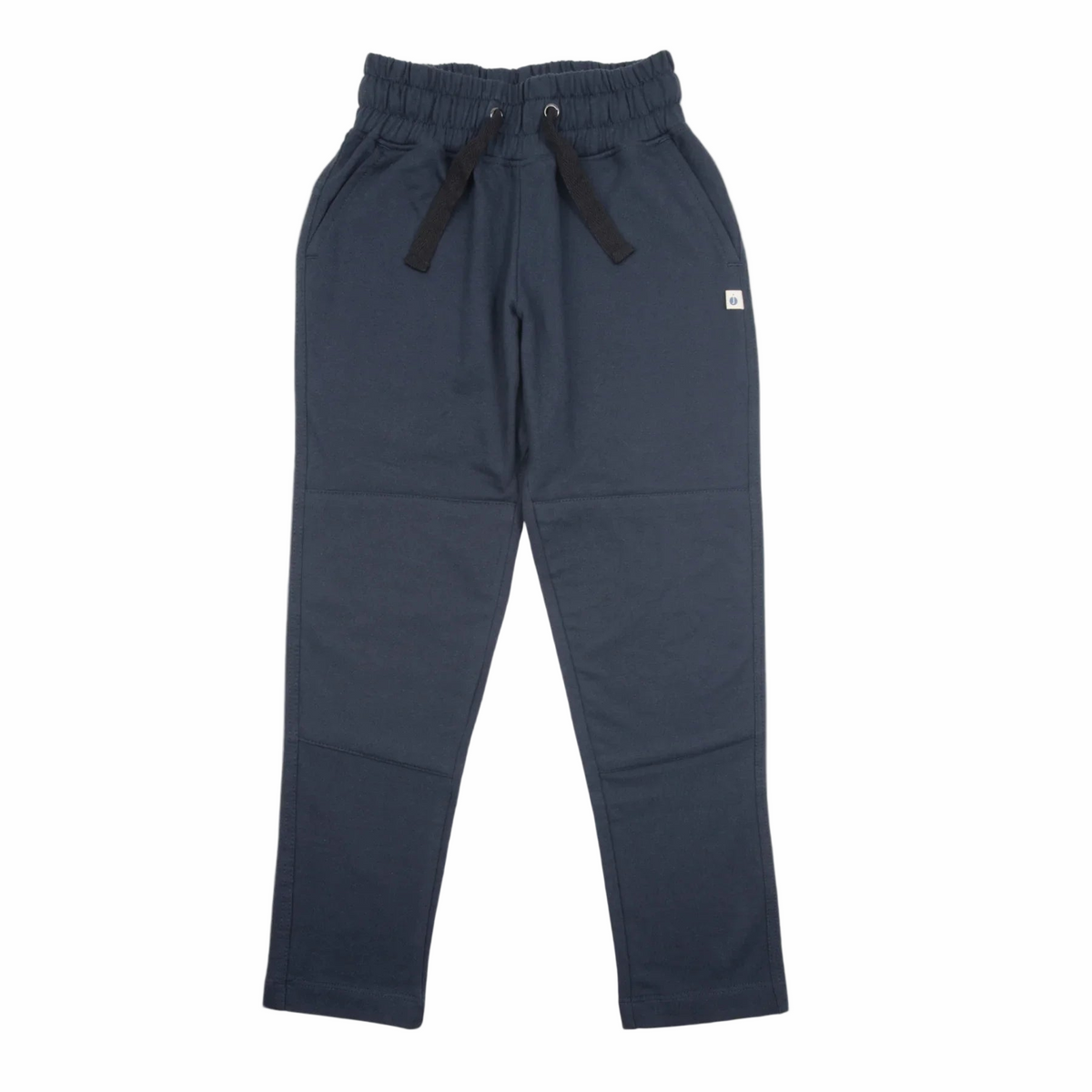 A pair of dark slate blue sweatpants with a black elastic drawstring waist and a small white square logo patch on the left hip, shown against a plain white background.