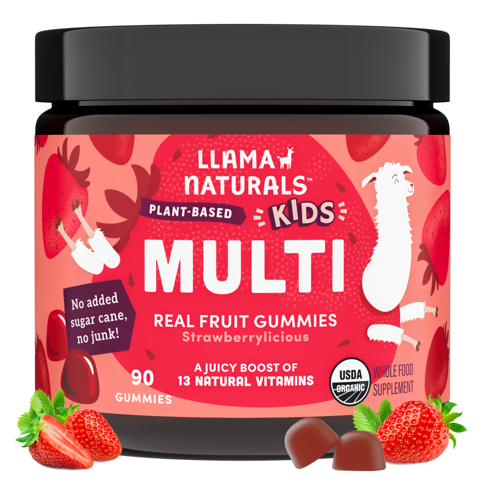 Jar of Llama Naturals Kids Multi Gummies with strawberry flavor on a white background