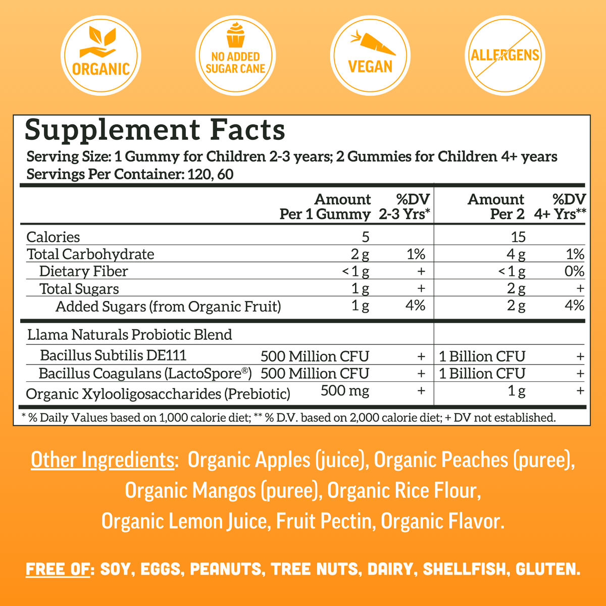 Llama Naturals Kids Prebiotic & Probiotic Gummies, Peach Mango (120 ct)