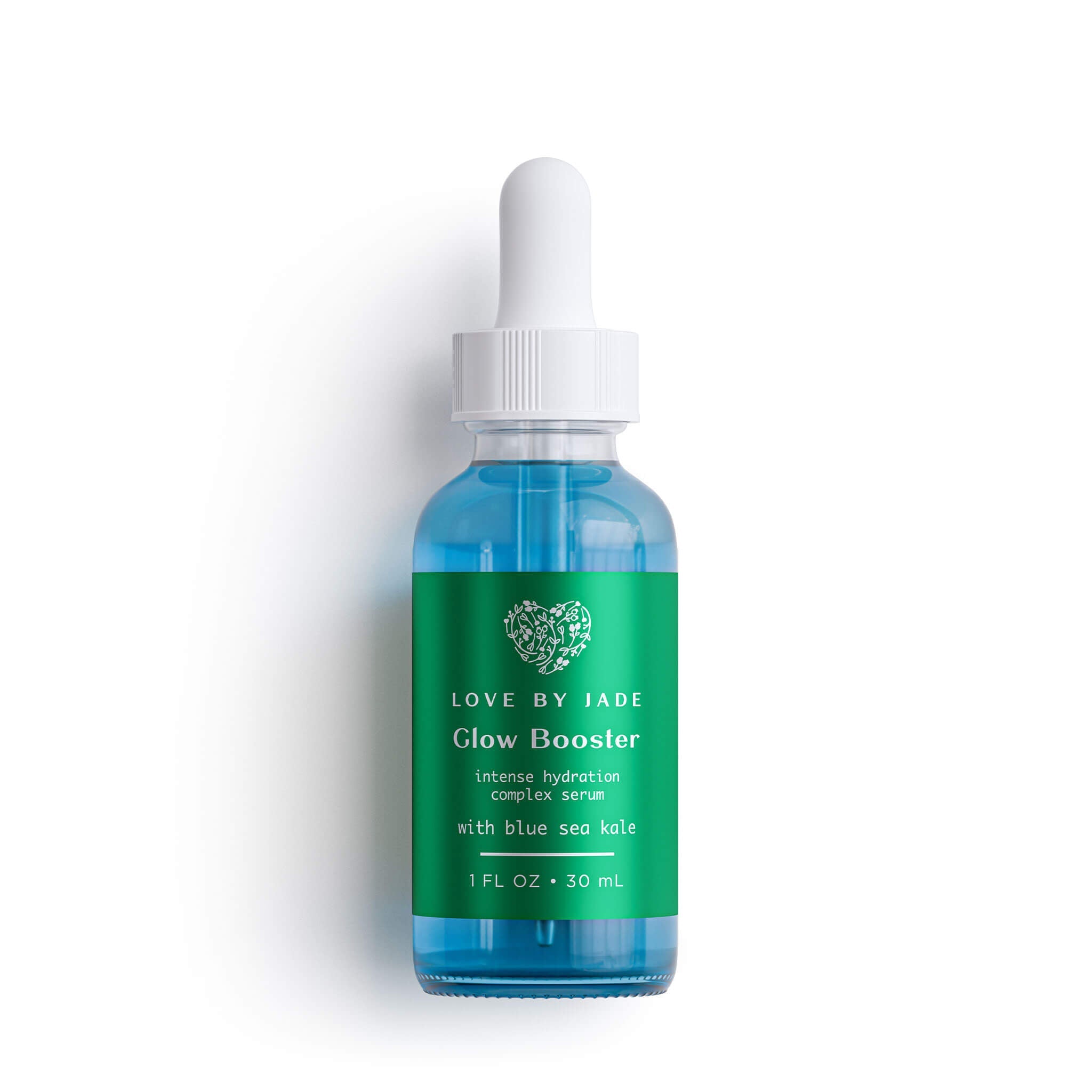 Bottle of 'Glow Booster' serum with a green label on a white background