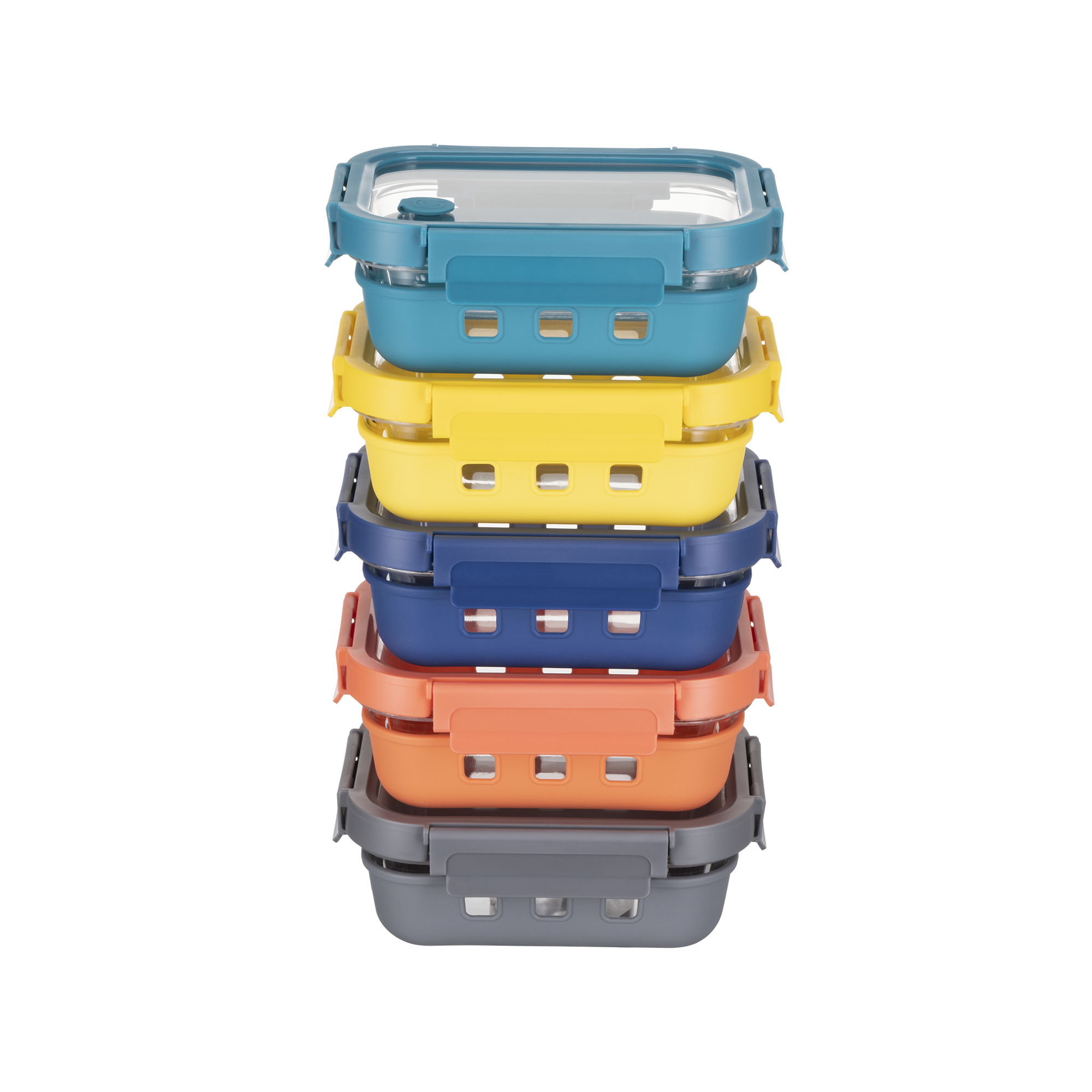 Stack of colorful storage baskets on a white background