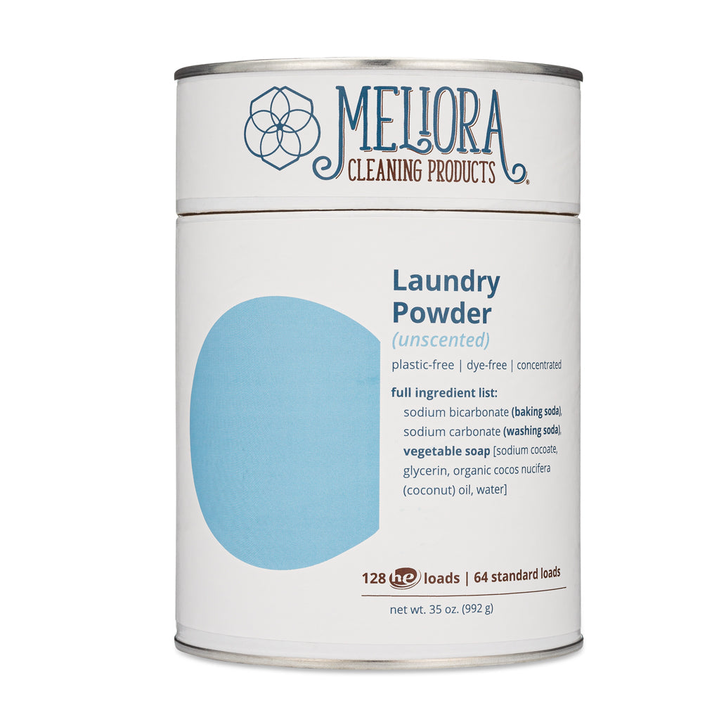 Meliora Laundry Powder canister on a white background