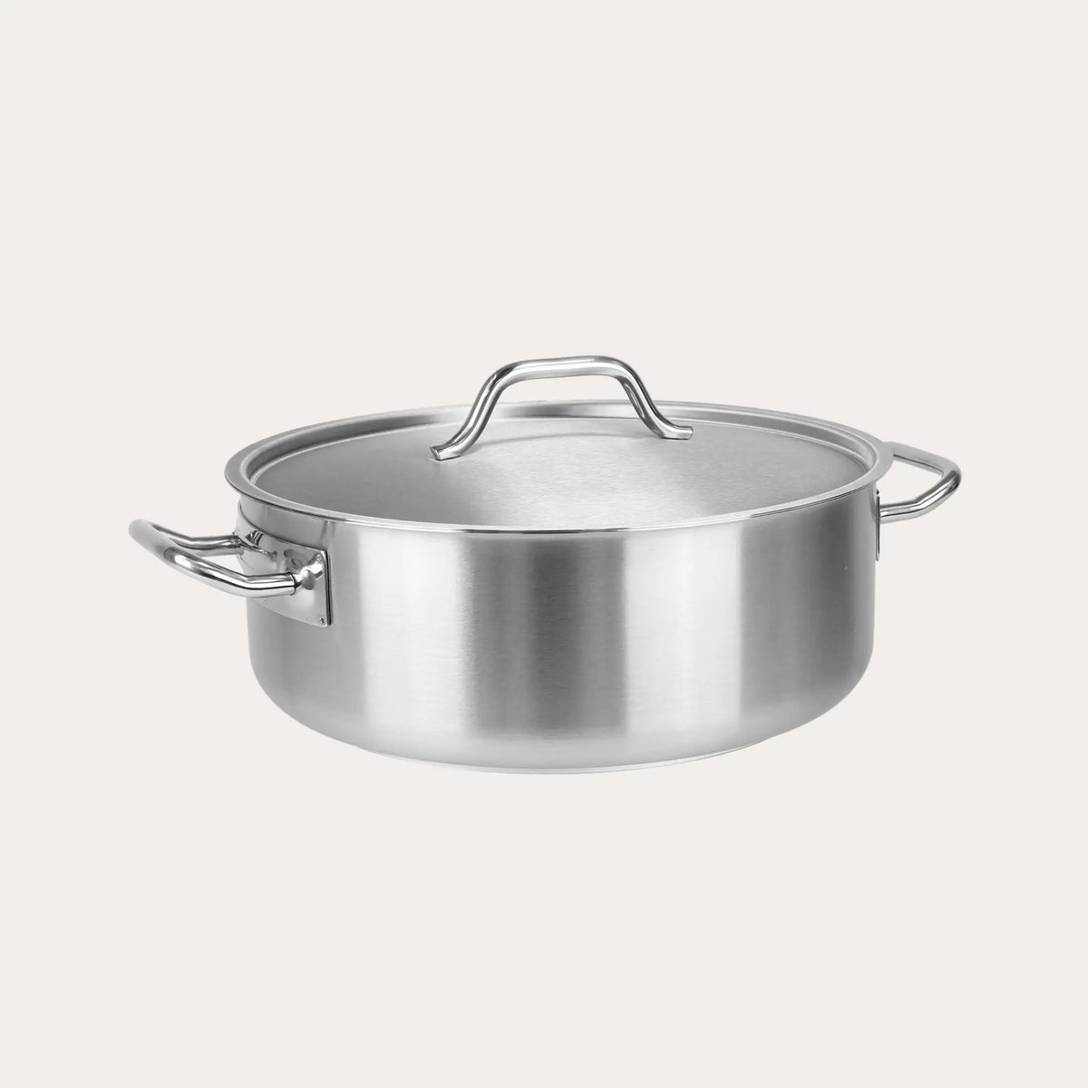 Stainless steel pot with lid on a light gray background
