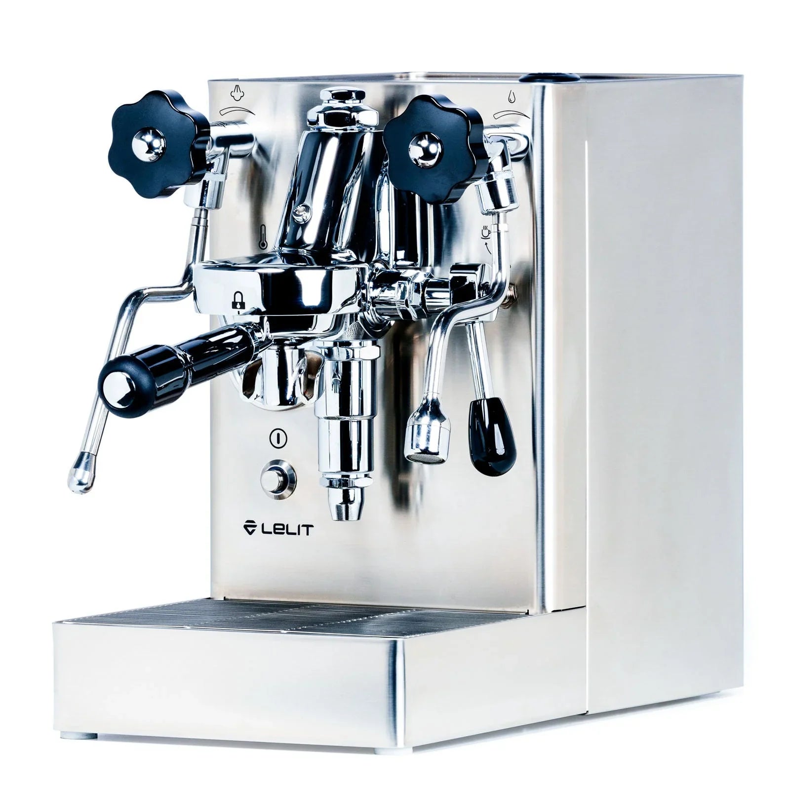 Chrome espresso machine with Lelit branding on a white background