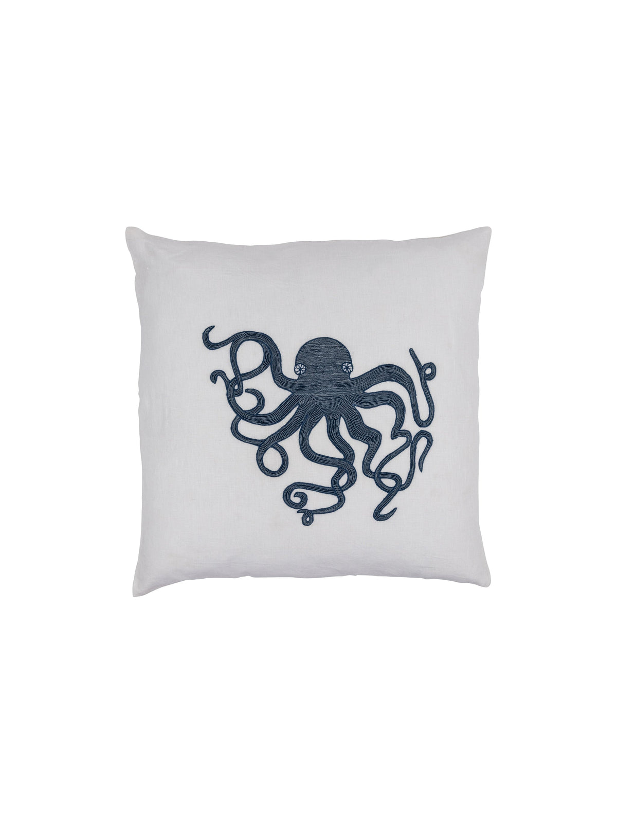 White pillow with navy blue octopus design on a white background