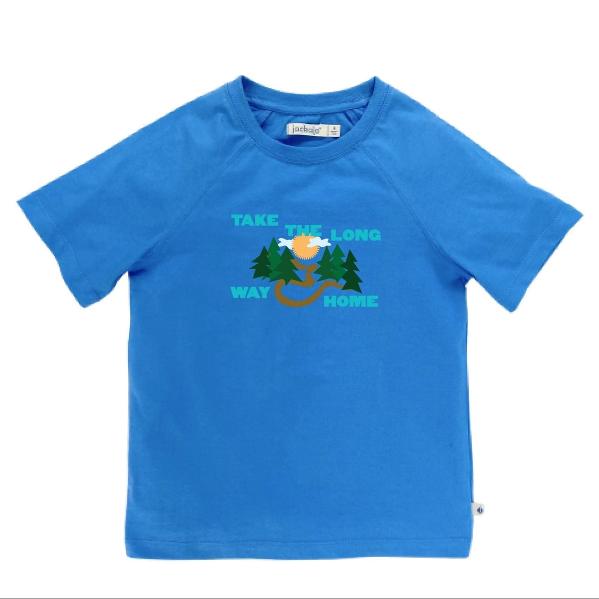 A bright blue short-sleeve kids' t-shirt with a graphic on the chest showing pine trees, a sun, and a winding trail with the text 'TAKE THE LONG WAY HOME'.