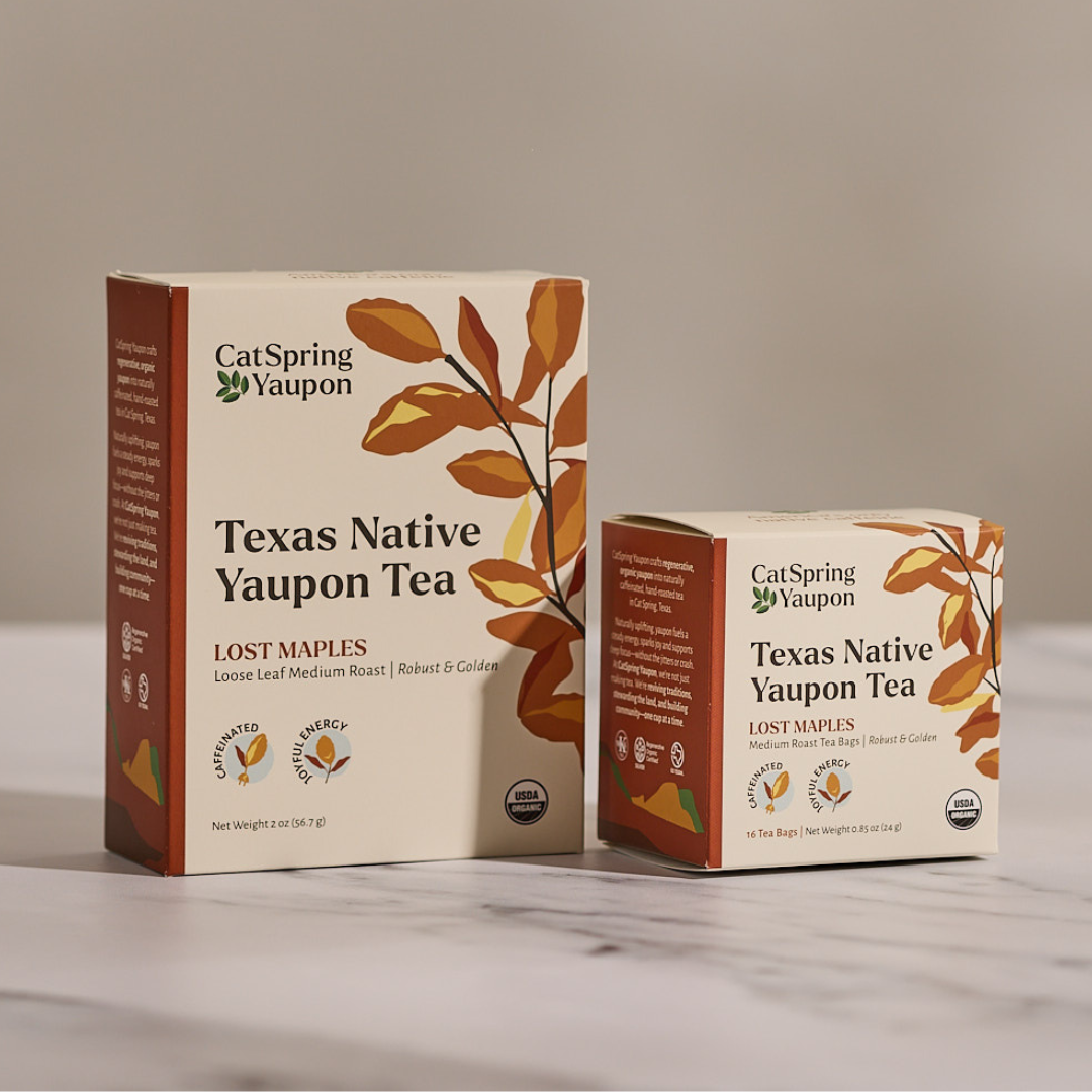 CatSpring Yaupon Case of Lost Maples Medium Roast Yaupon – Bold & Complex  –  Loose Leaf & Tea bags