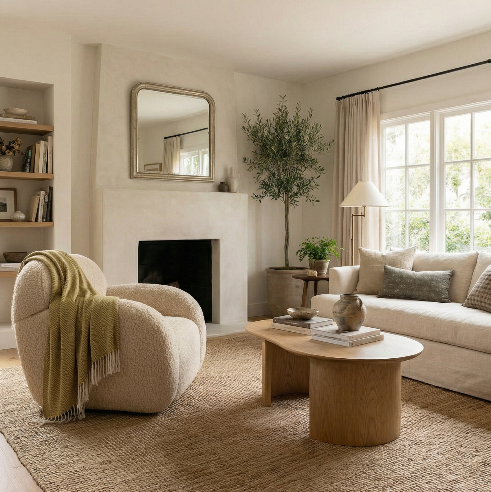Cozy living room with beige armchair, coffee table, and sofa.