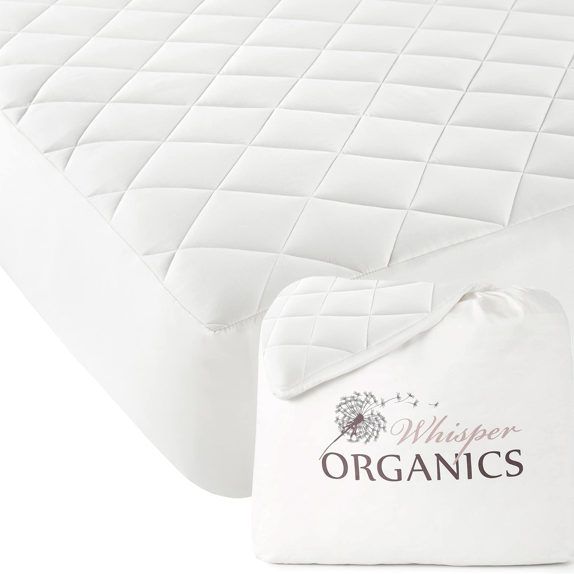 White quilted cover with 'Whisper Organics' logo on a white background