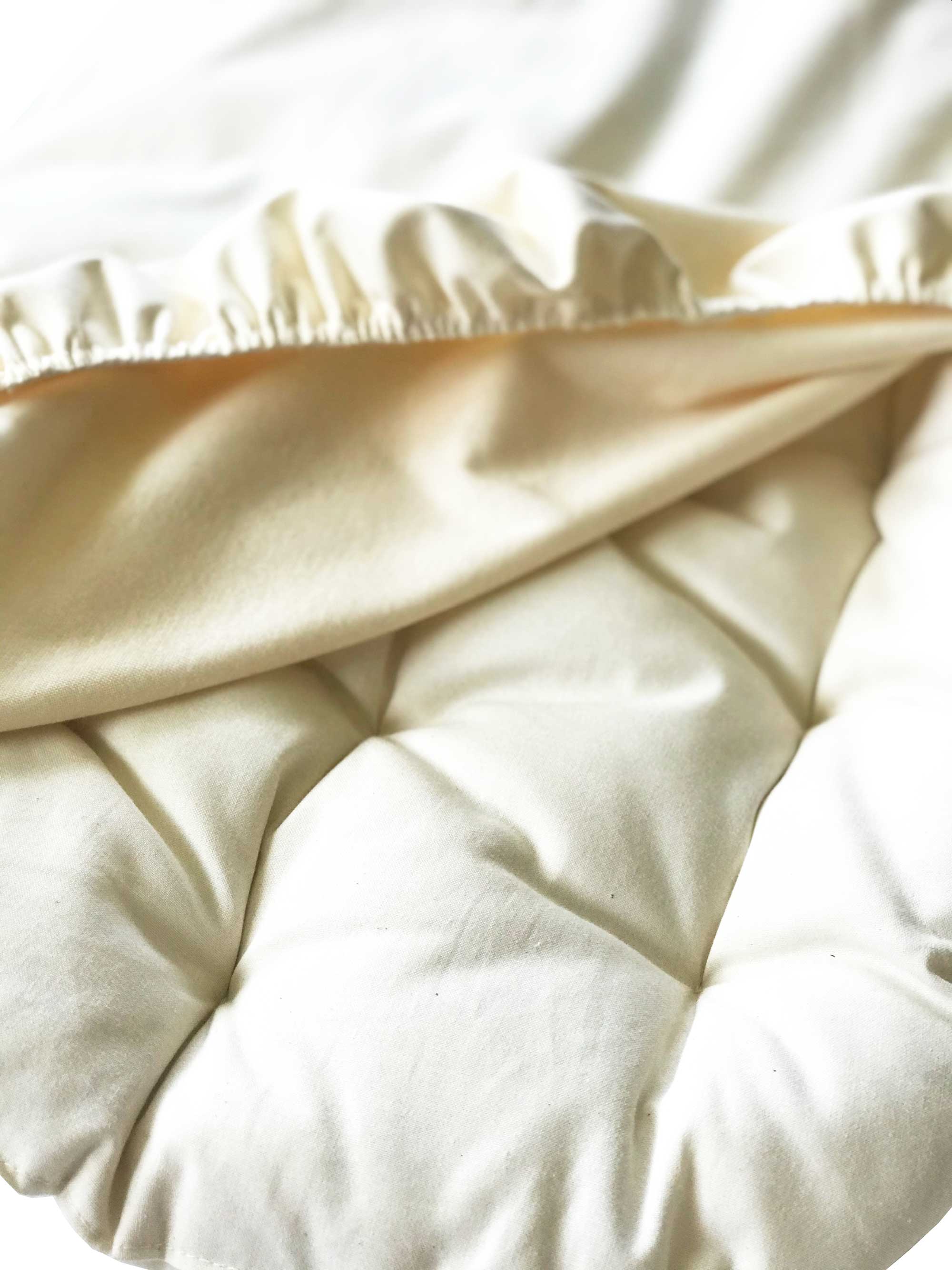 Close-up of a cream-colored mattress pad with a fitted sheet on a white background