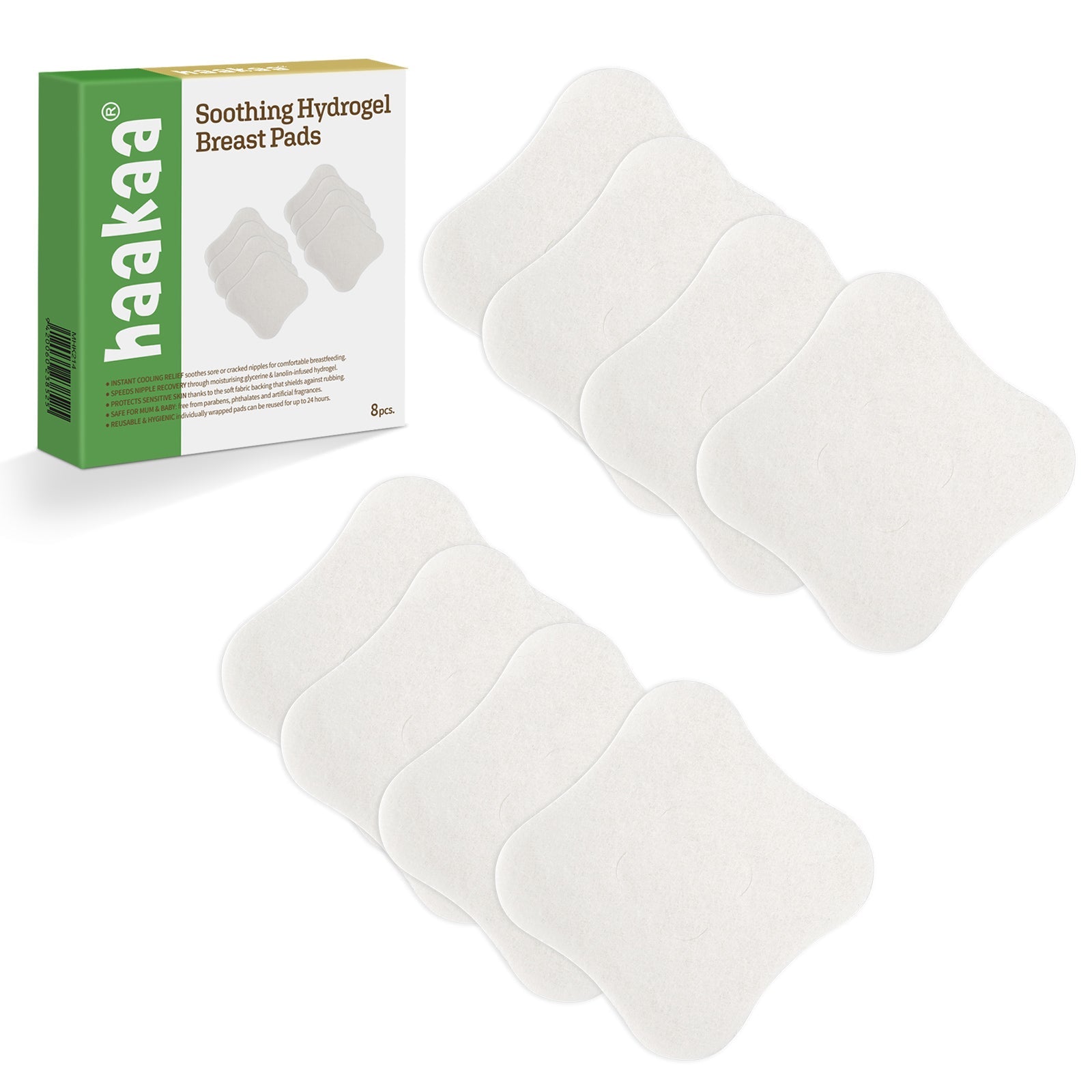 Haakaa soothing hydrogel breast pads with packaging on a white background