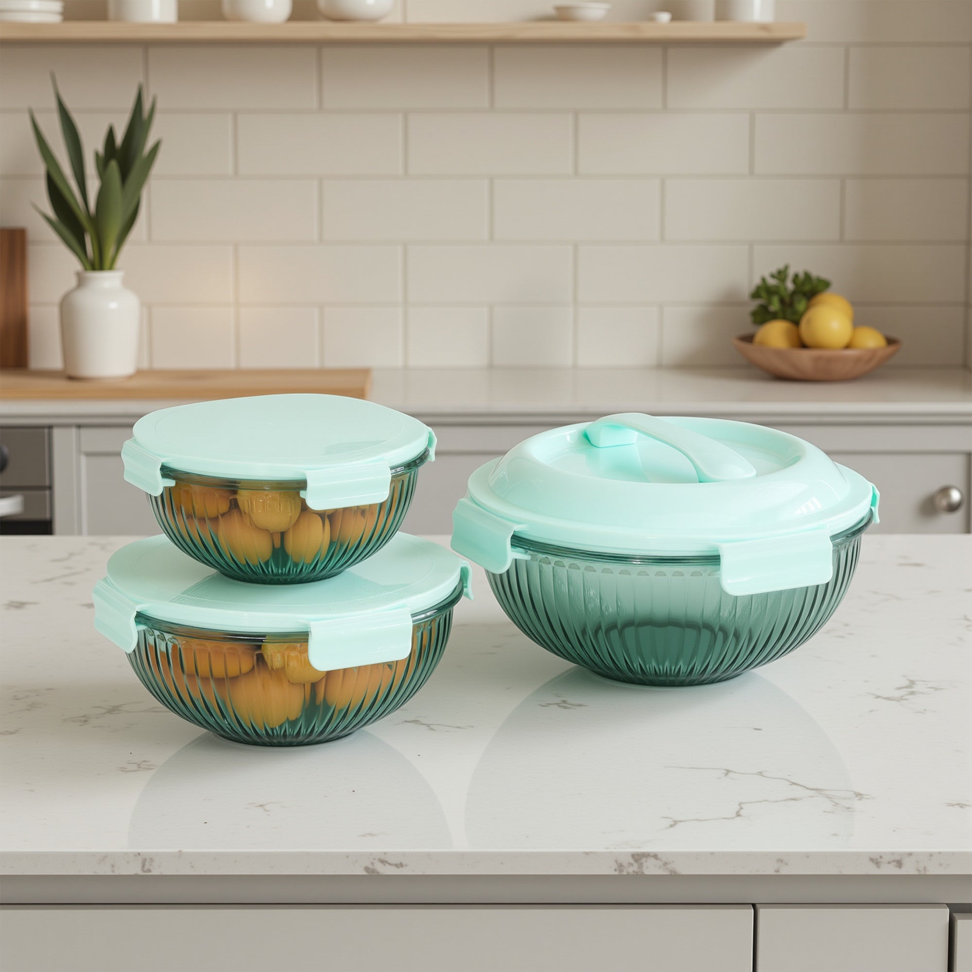 Genicook Borosilicate Glass Mixing Bowl Set- Diamond Blue (W/ Handle)