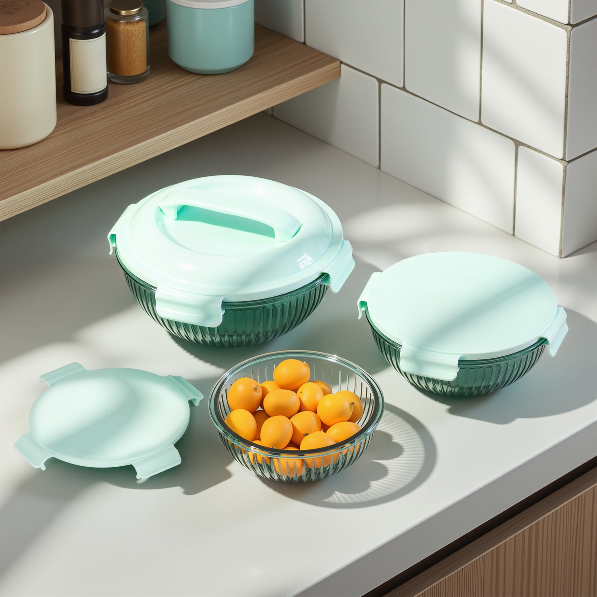 Genicook Borosilicate Glass Mixing Bowl Set- Diamond Blue (W/ Handle)