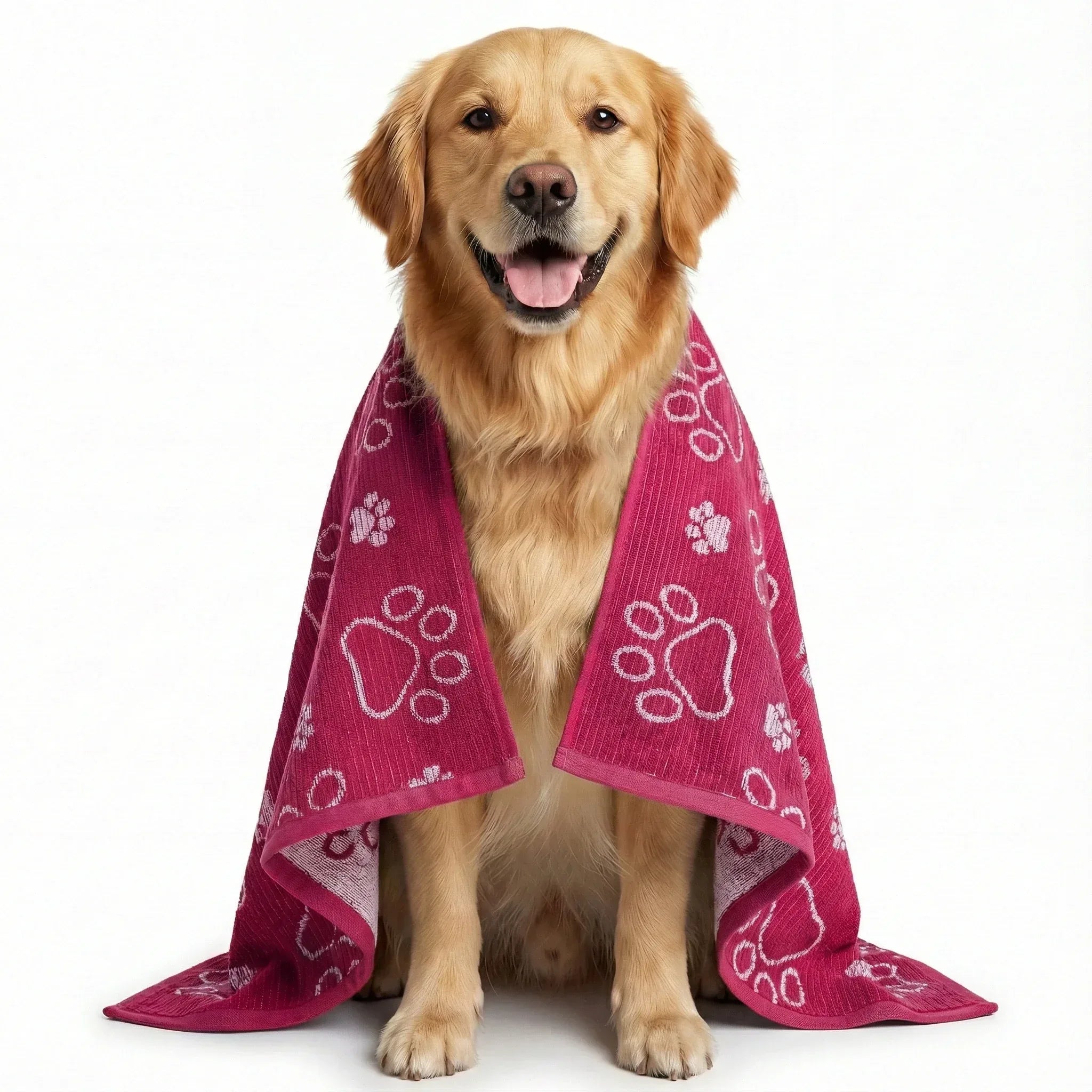 Dog wearing a pink towel with paw prints on a white background