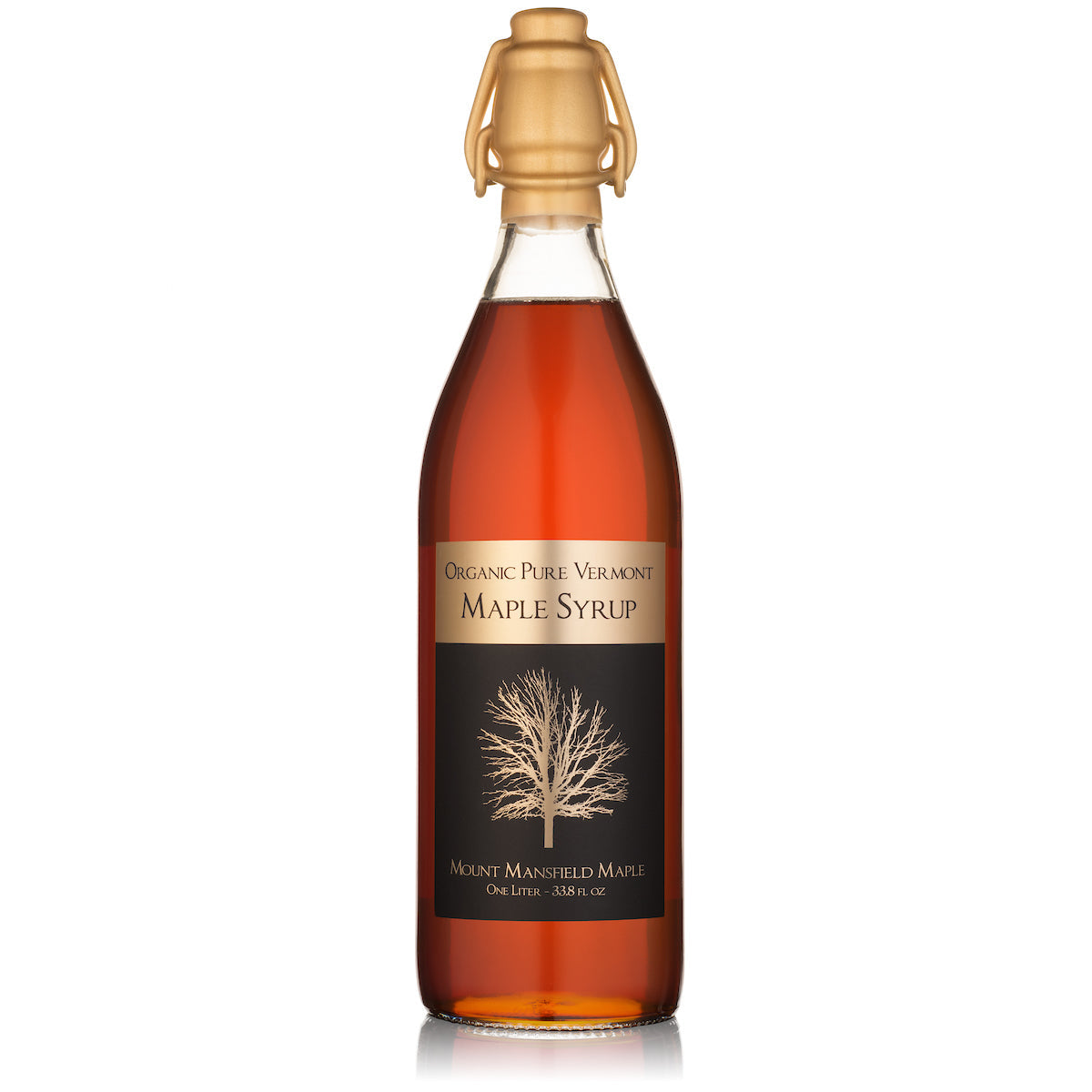 Bottle of Organic Pure Vermont Maple Syrup with a label on a white background