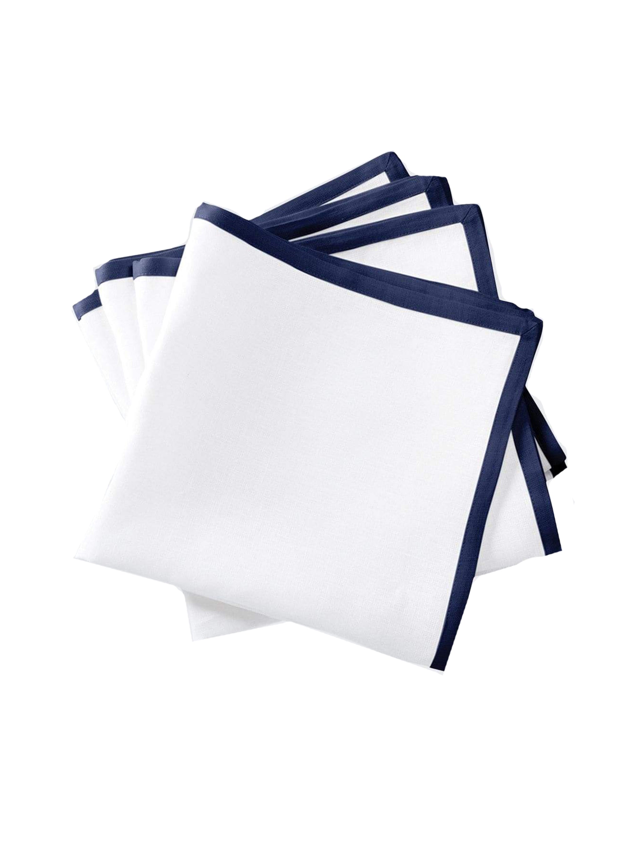 Set of white pocket squares with navy blue borders on a white background