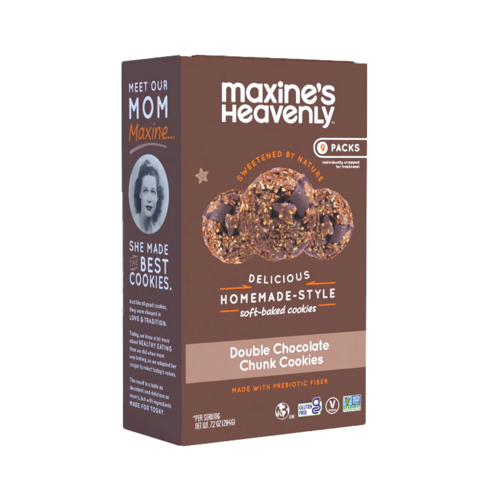 Box of Maxine's Heavenly chocolate chip cookies with a blue background