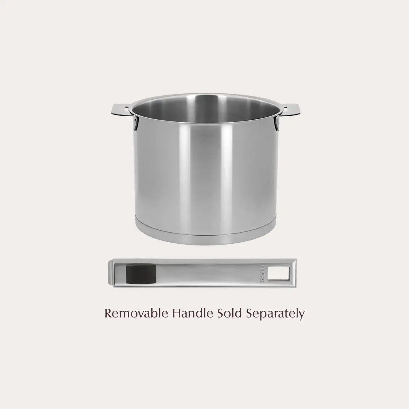 Stainless steel pot with a removable handle on a white background