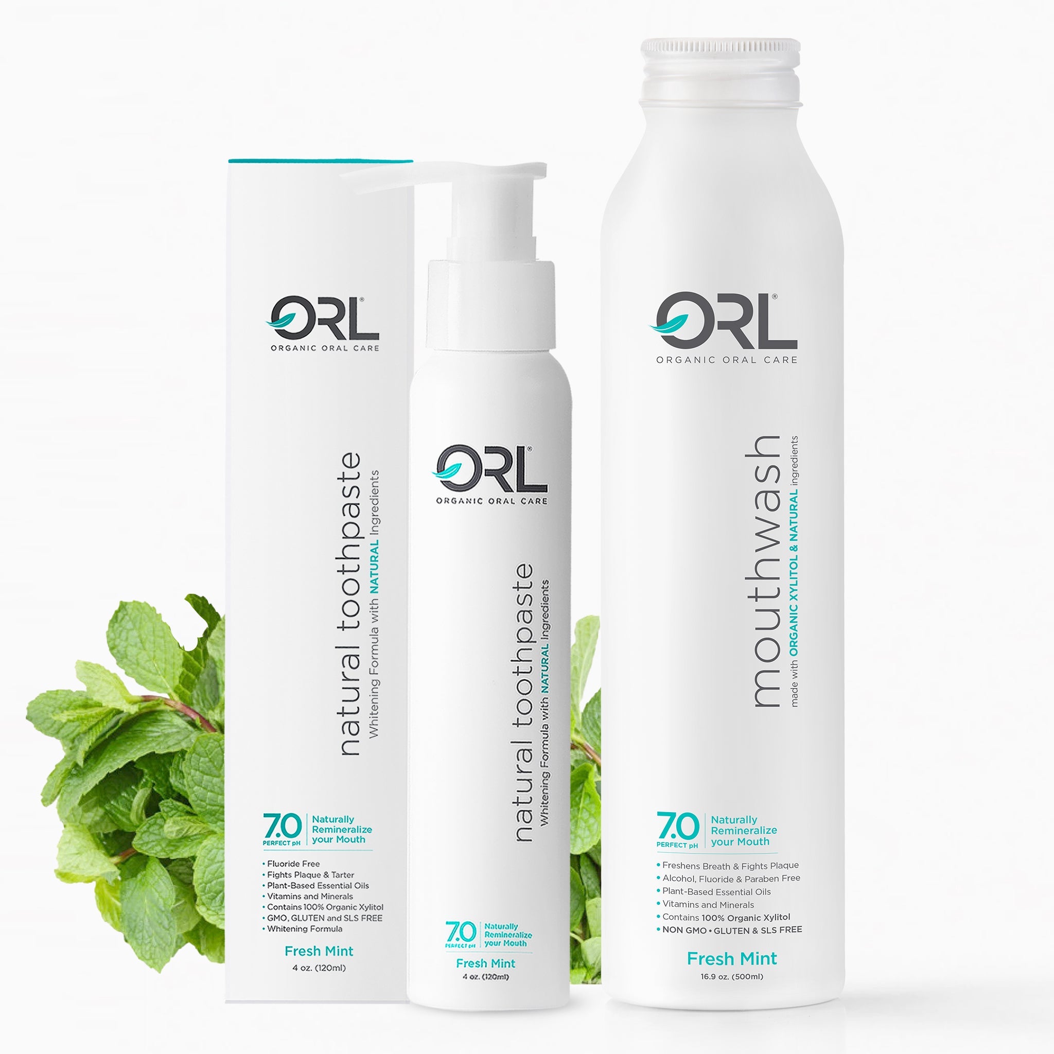 ORL Organic Oral Care products including toothpaste and mouthwash on a white background