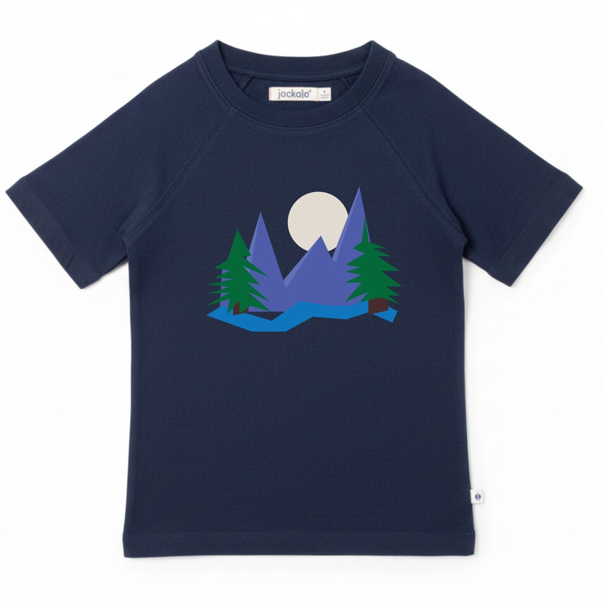 Navy blue t-shirt with mountain and tree design on a white background