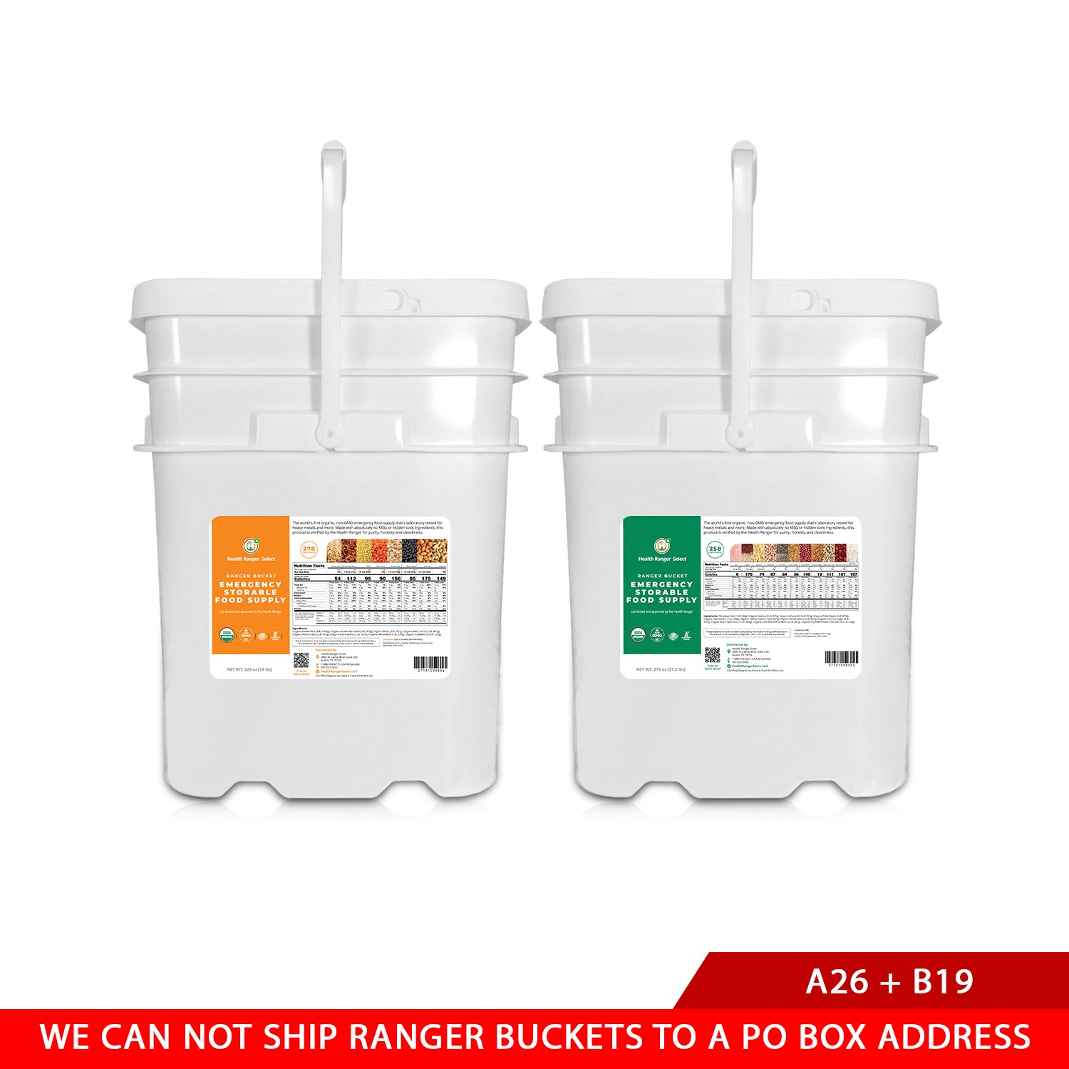 Two white buckets with labels on a white background, featuring text about shipping restrictions.