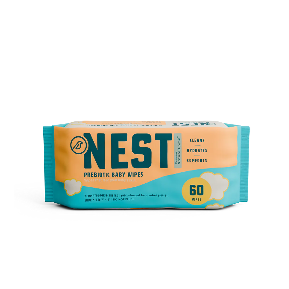 Package of Nest prebiotic baby wipes on a white background