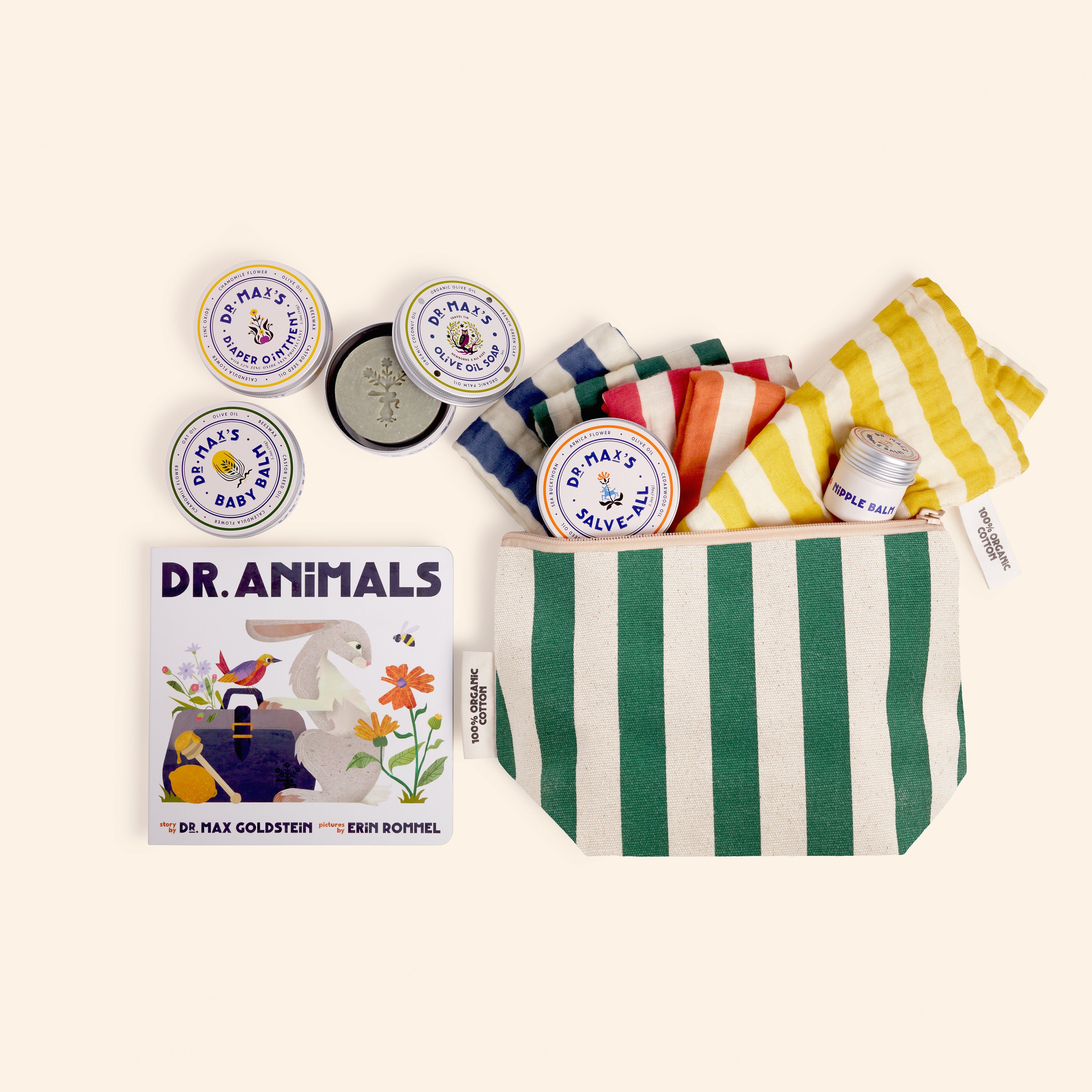 Dr. Animals product set with striped bag on a white background