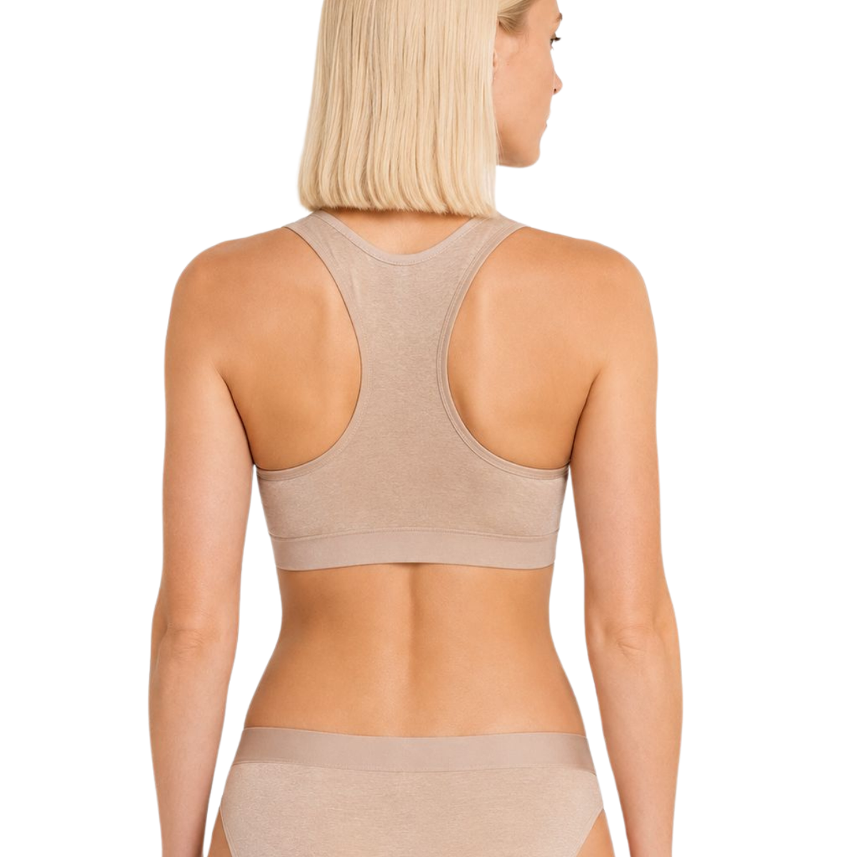 Net Positive Racerback Bralette in Mocha, racerback detail on model