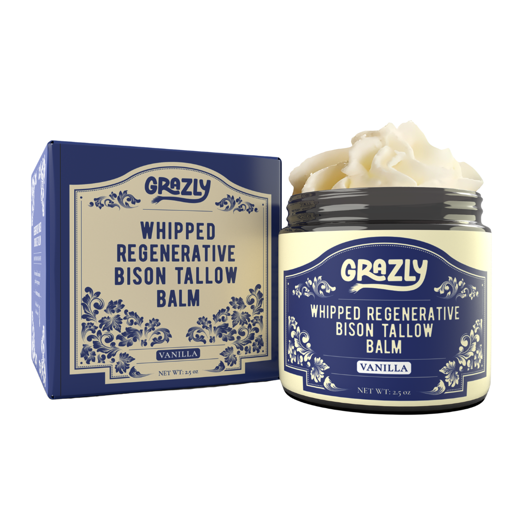 Grazly whipped regenerative bison tallow balm jar and box on a white background