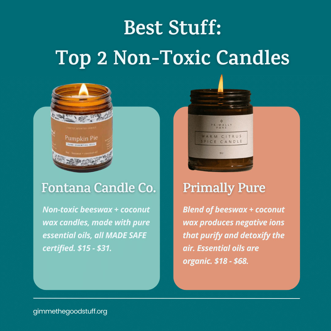 Two non-toxic candles from Fontana Candle Co. and Primally Pure on a teal background with product details.