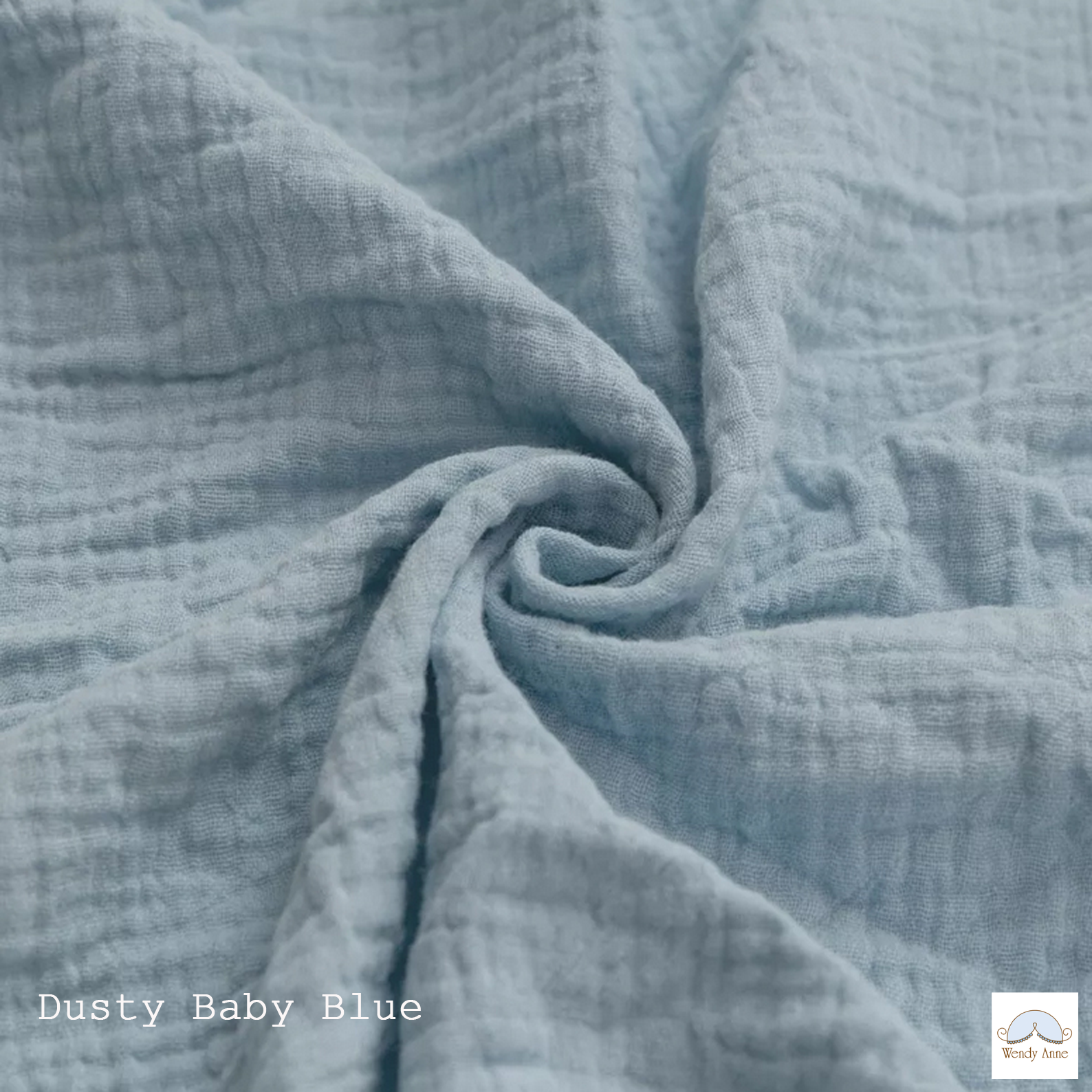 Close-up of textured dusty baby blue fabric with 'Dusty Baby Blue' text.