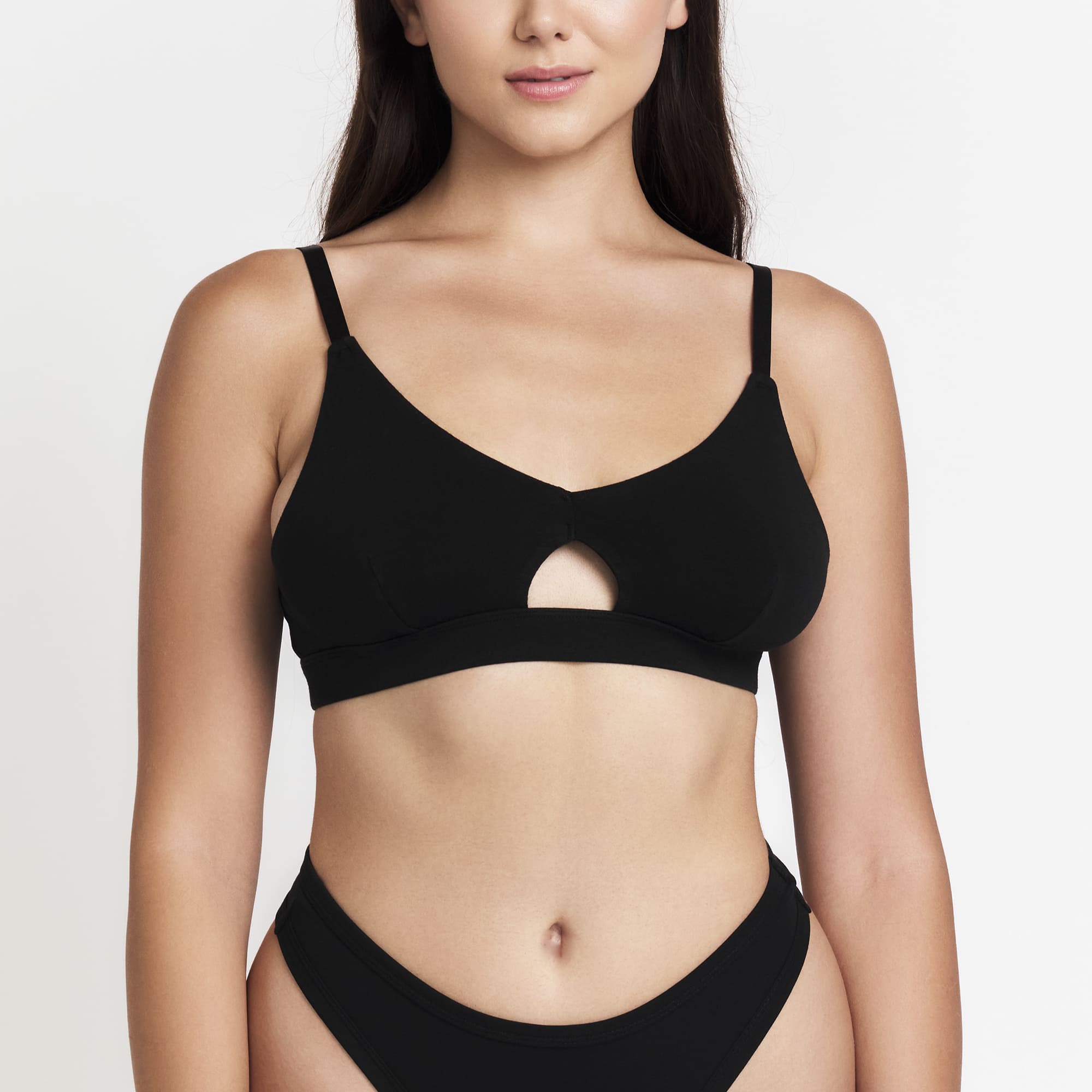 Black bikini set worn by a model on a light gray background