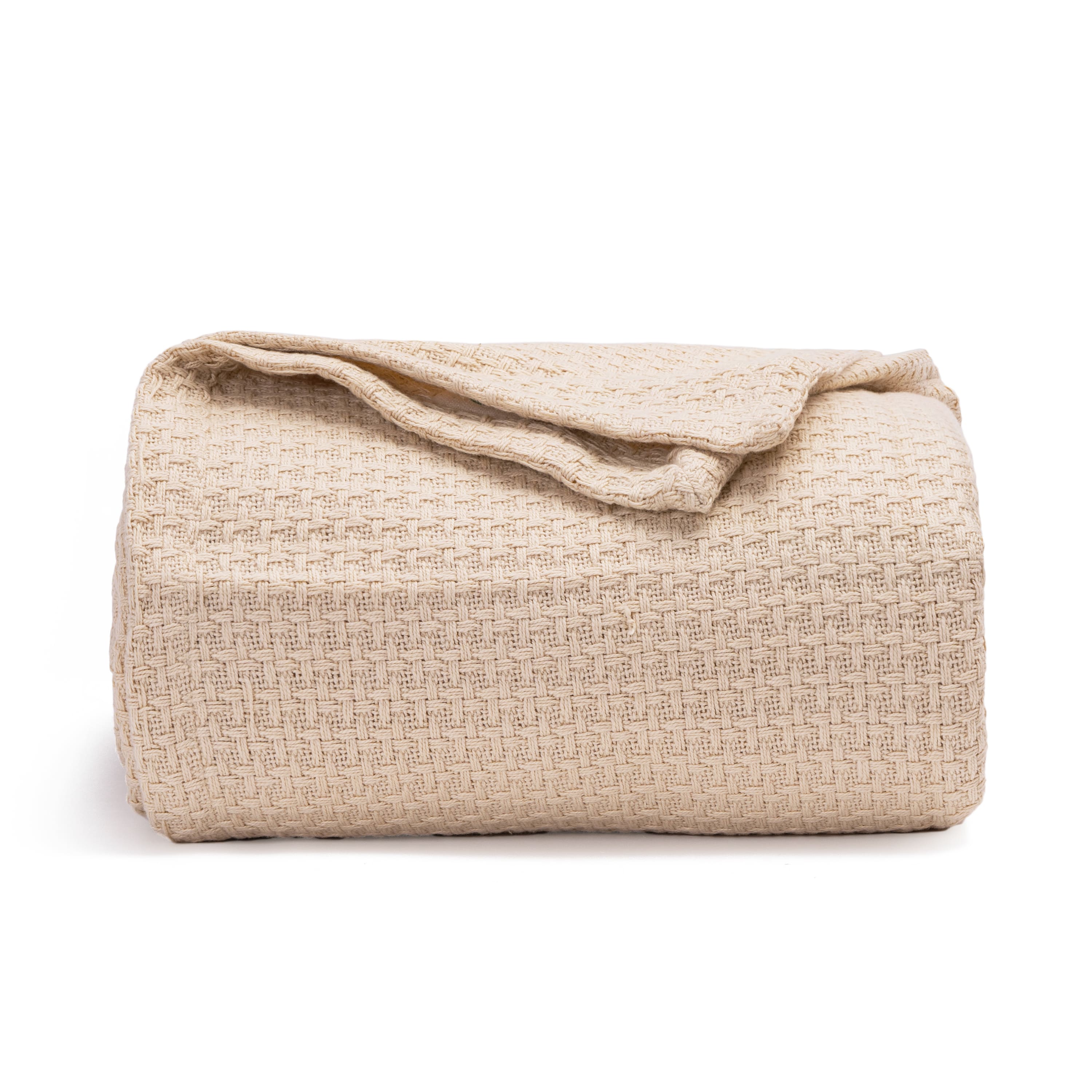Beige woven blanket on a white background