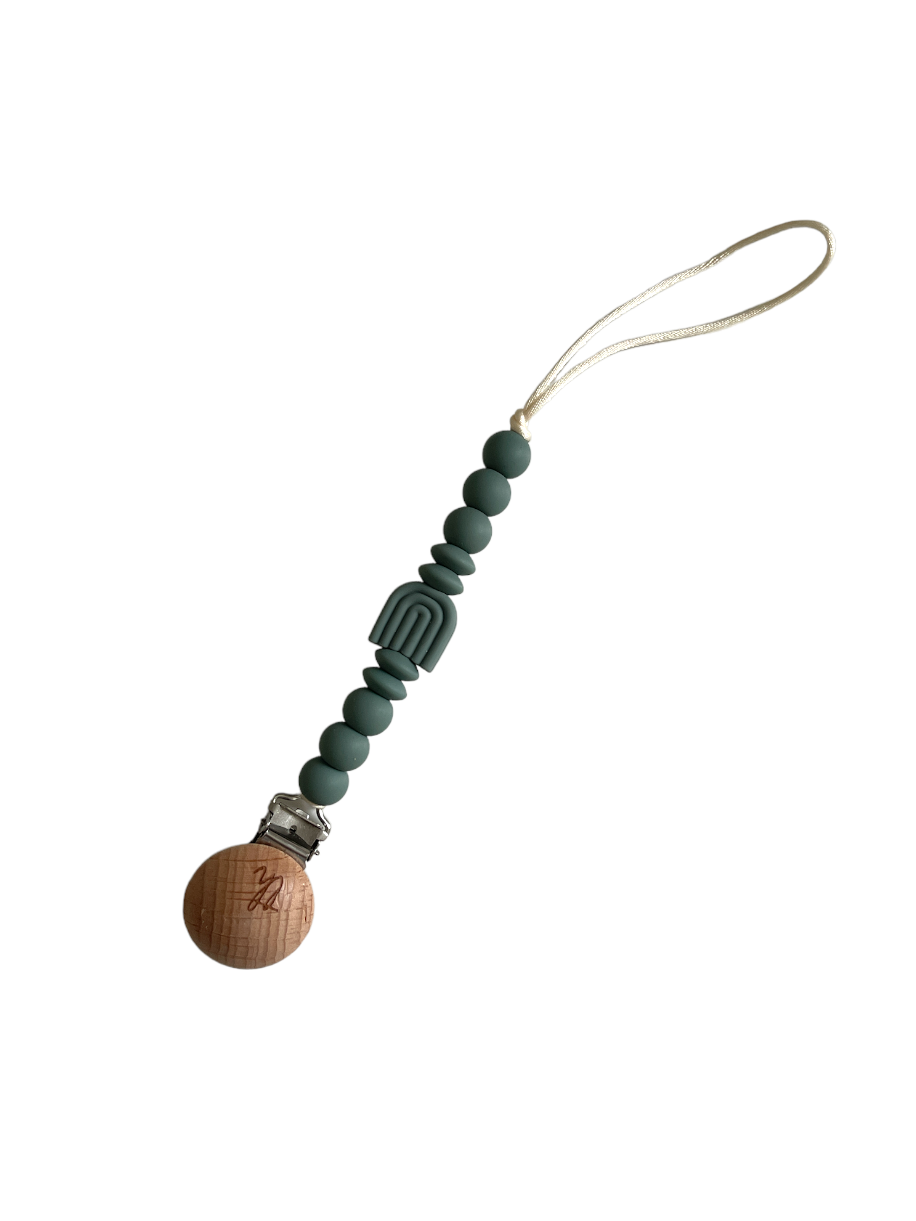 Decorative keychain with green beads and wooden ball on a white background